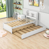 Wooden Twin Platform Bed with Twin Trundle Bed and Storage Headboard - [Shelves]