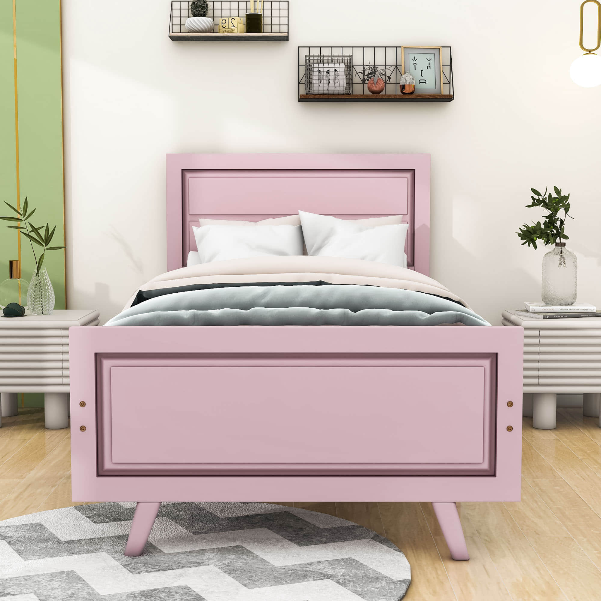 Wood Twin Platform Girls Bed Frame with Headboard and Footboard