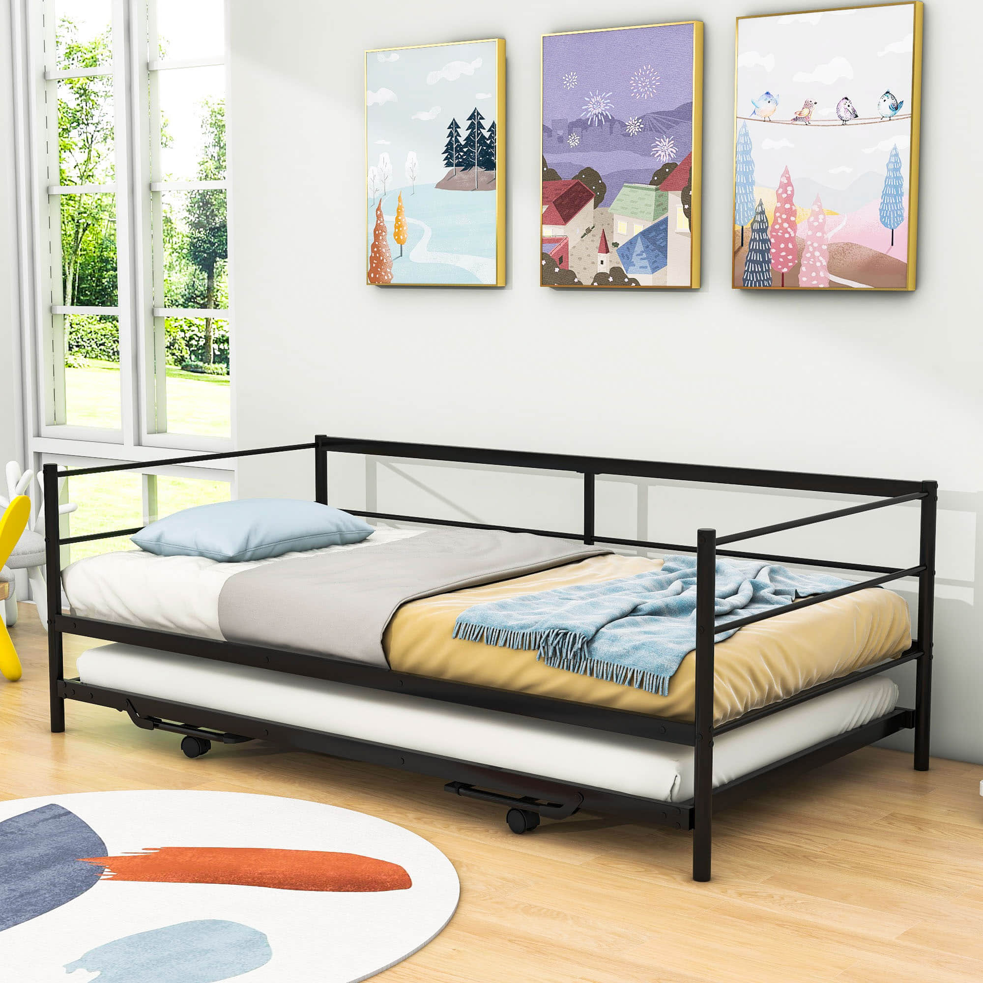 Convertible Metal Twin Daybed with Pop Up Trundle Bed