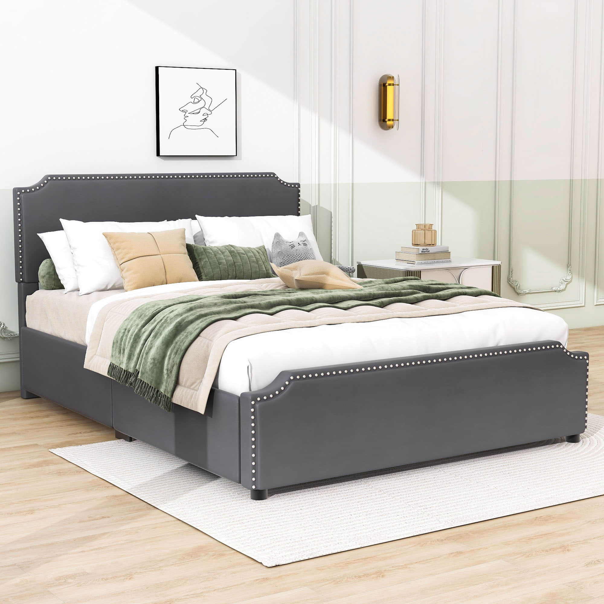 Queen Velvet Upholstered Bed Frame with Headboard and Storage