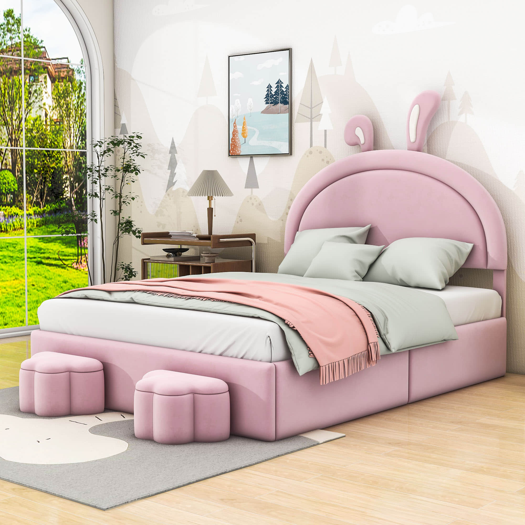 Full Size Velvet Upholstered Princess Platform Bed Frame with Headboard