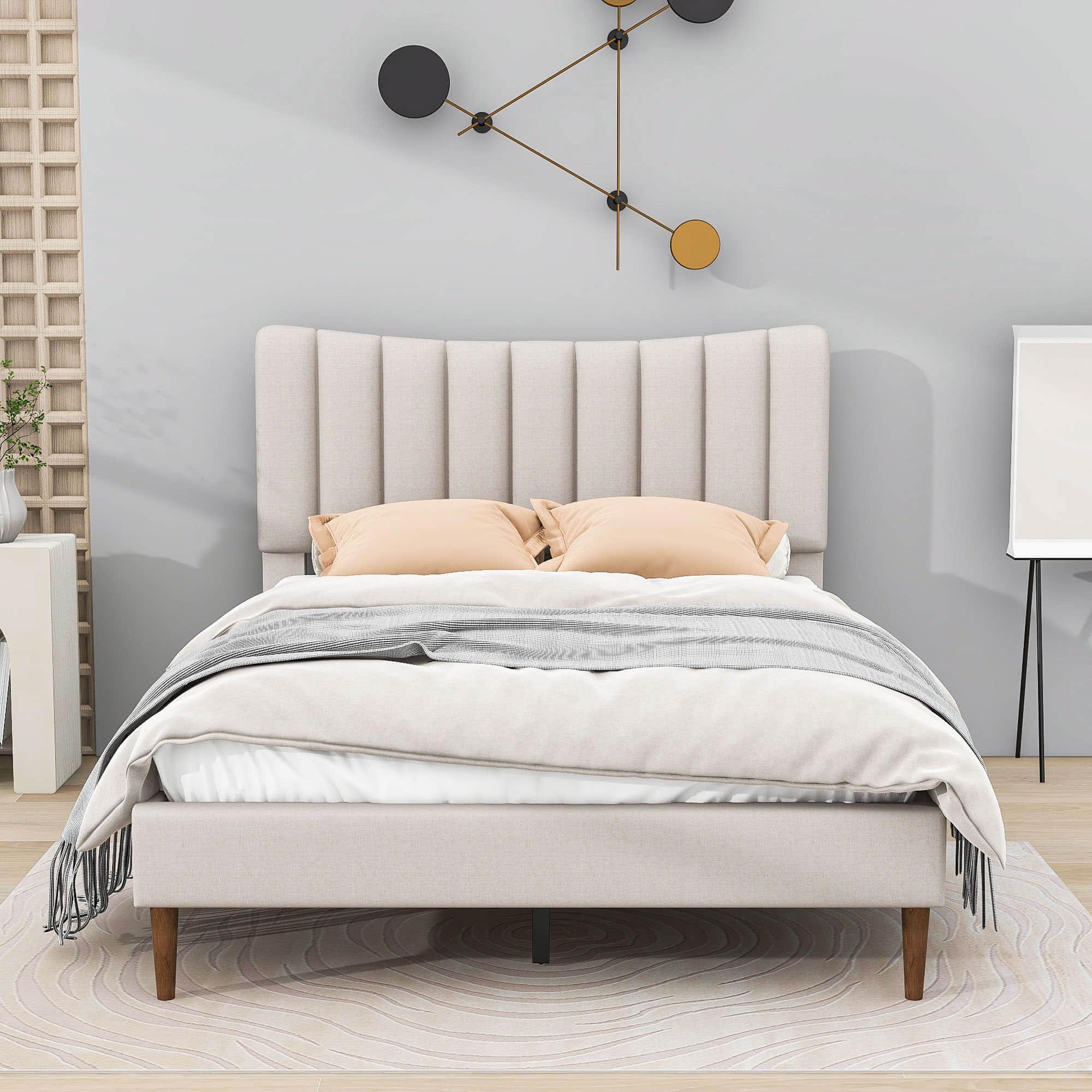 Full Size Linen Upholstered Platform Low Bed Frame with Headboard