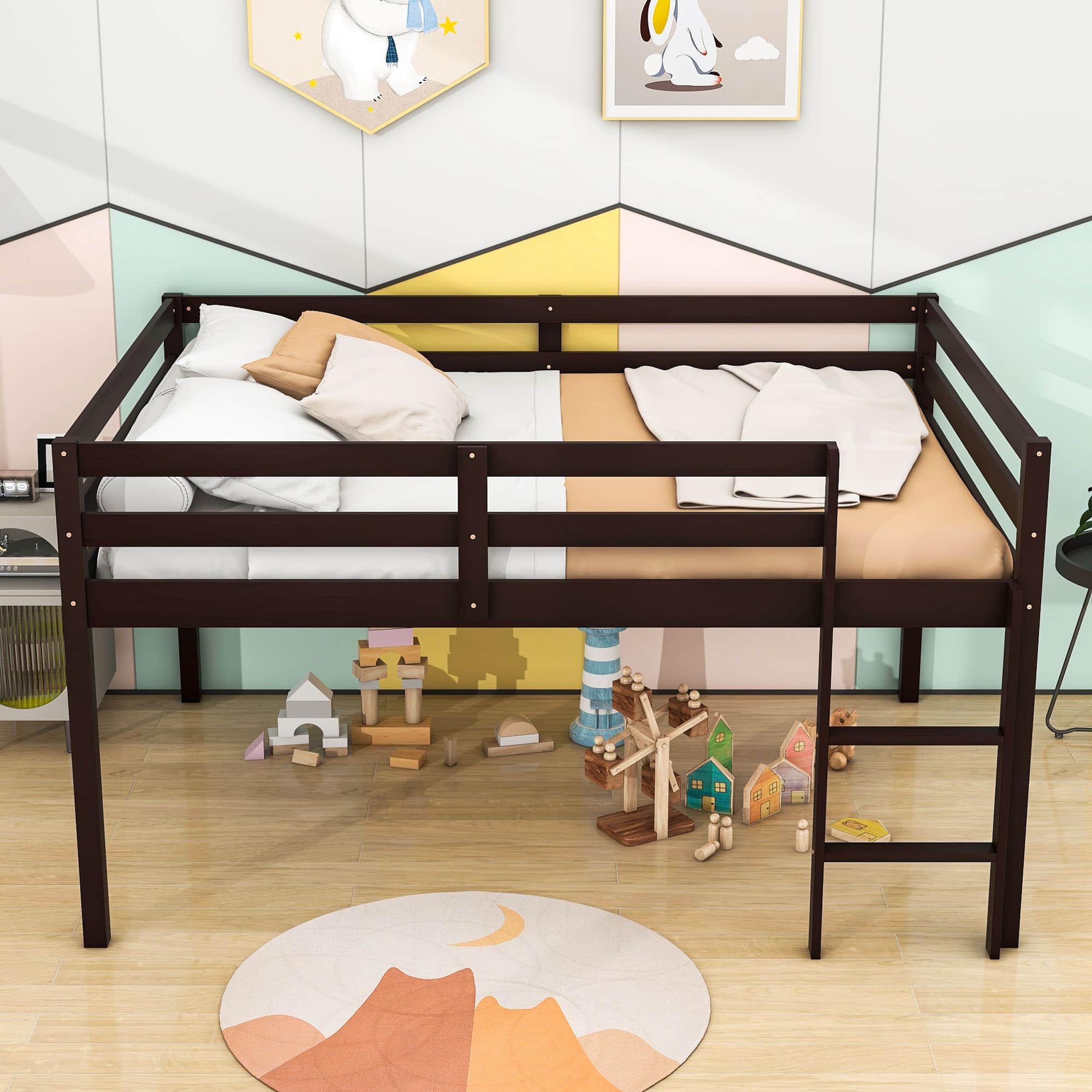 Kids Wooden Full Size Low Loft Bed - [Toddler, Boys, Girls]