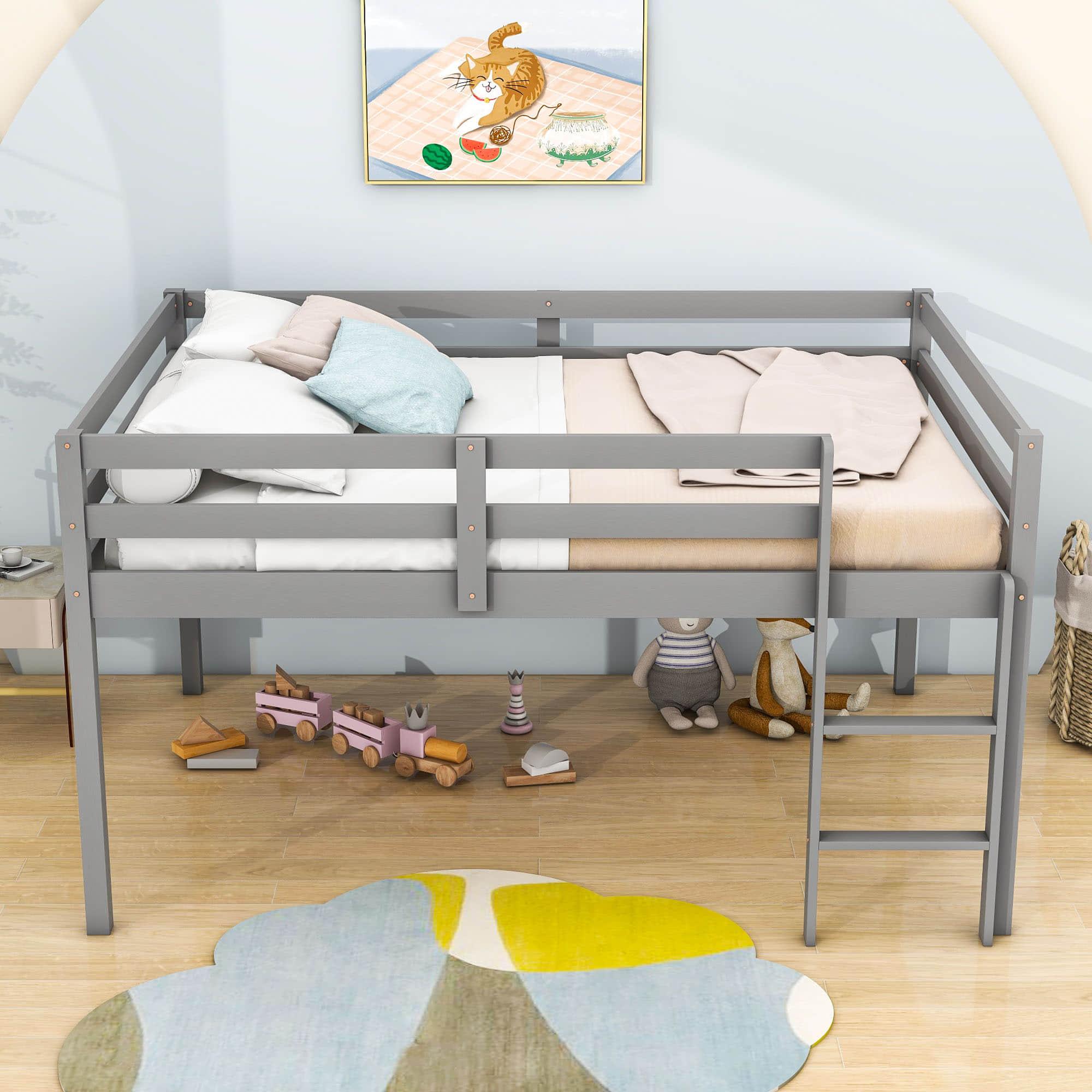 Kids Wooden Full Size Low Loft Bed - [Toddler, Boys, Girls]