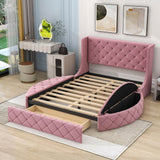 Upholstered Queen Platform Bed Frame with Wingback Headboard and Storage