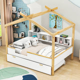 Full House Kids Bed Frame with Twin Trundle Bed and Bookshelf Storage