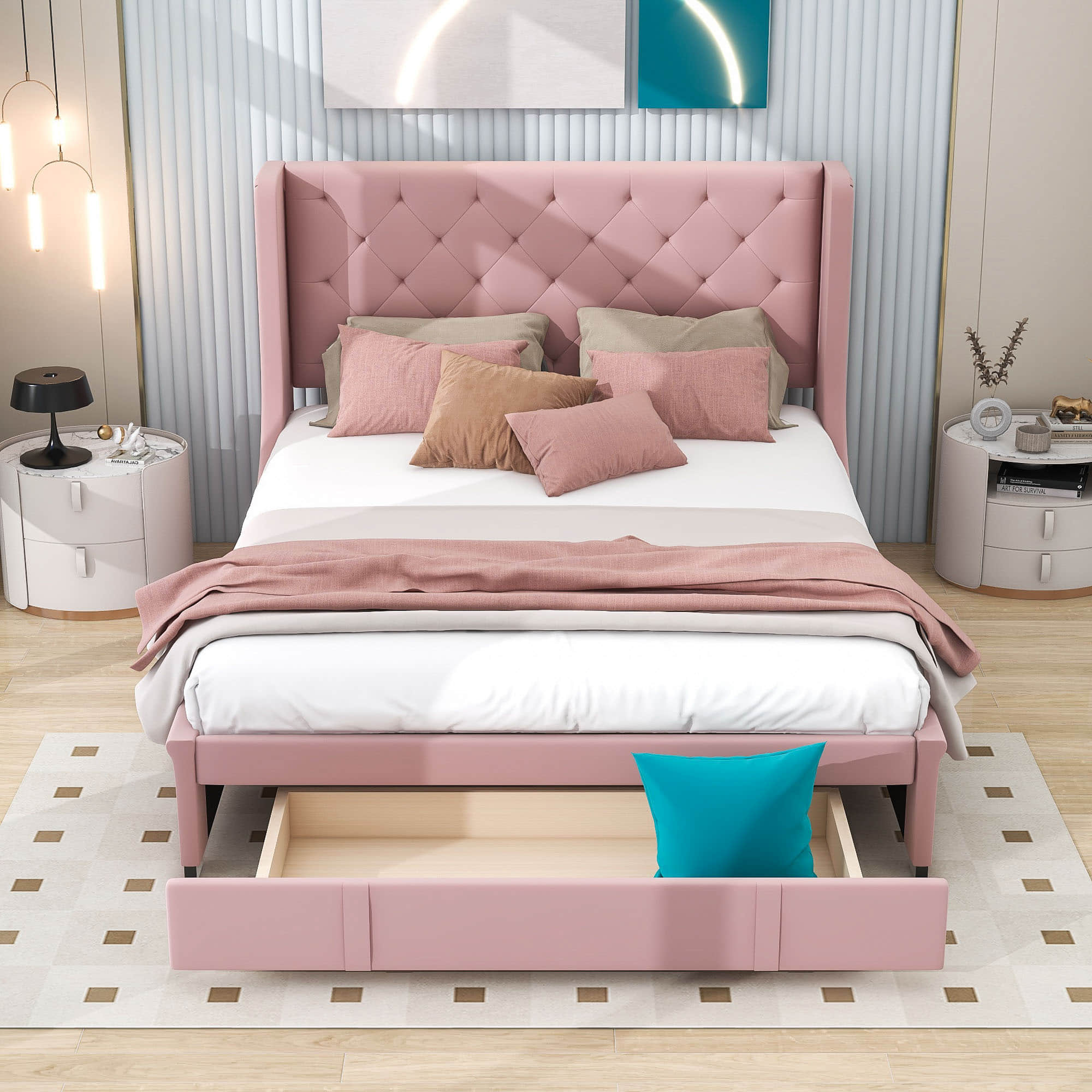 Queen Upholstered Bed Frame with Wingback Headboard and Storage