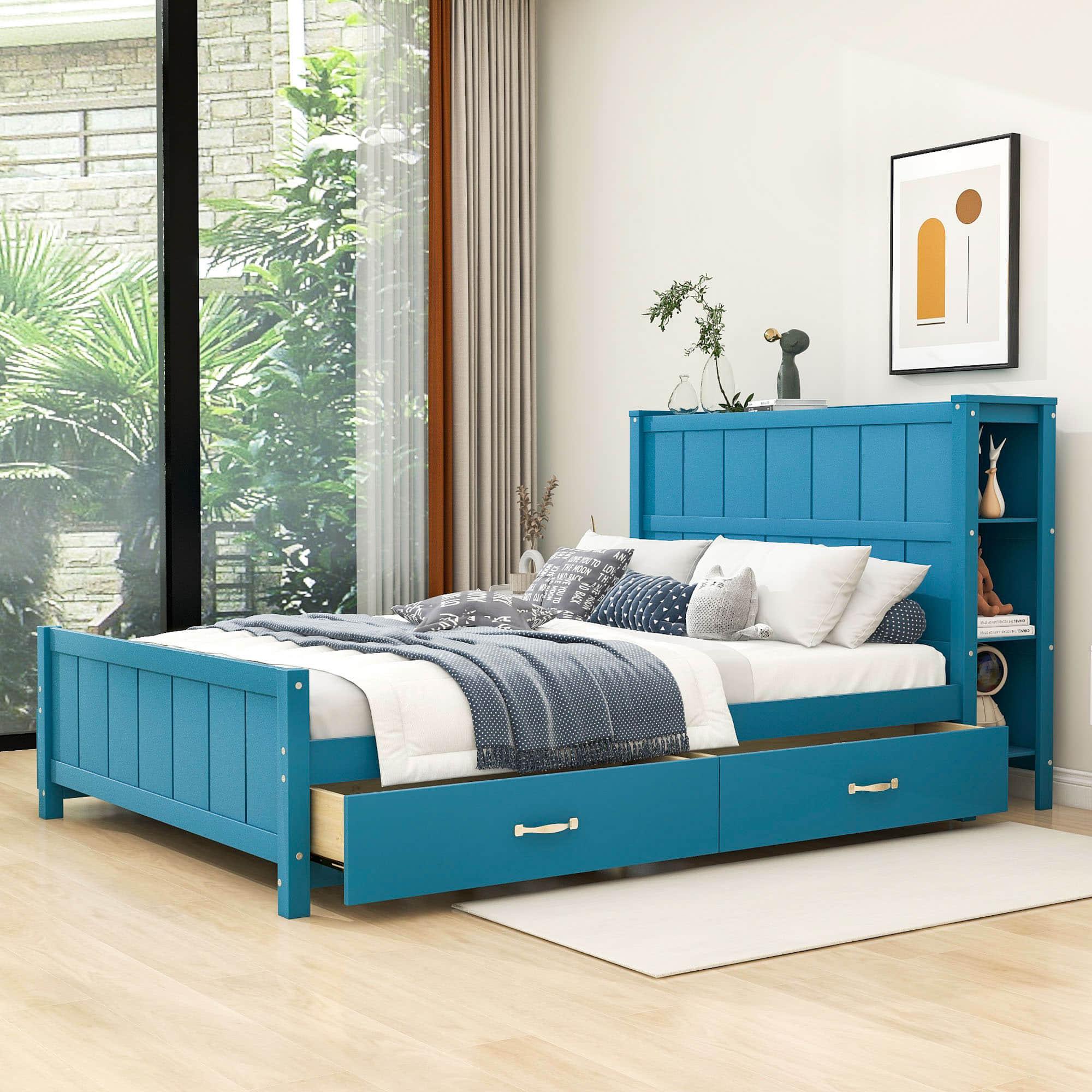 Wooden Full Size Platform Bed with Headboard and Storage - [Drawers, Shelves]