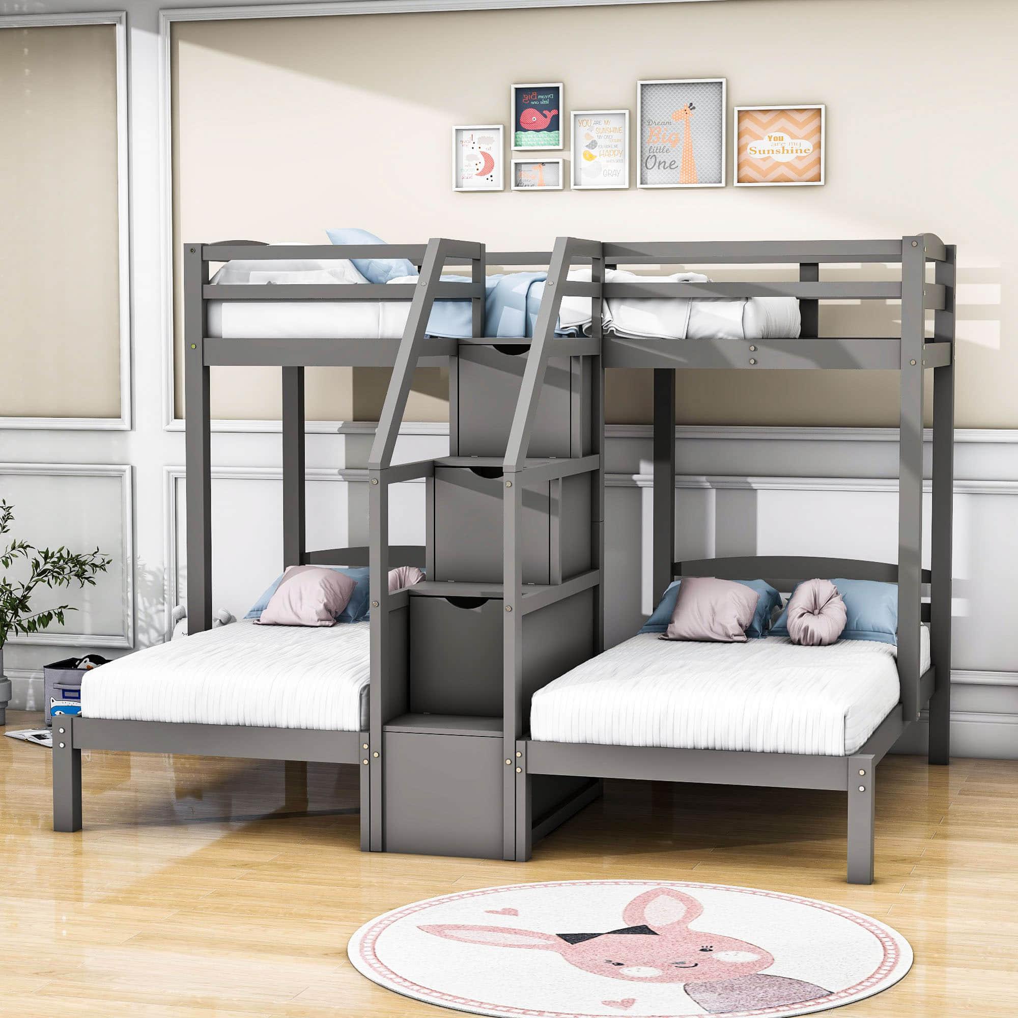 Wood Twin over Twin & Twin Triple Bunk Bed for Kids with Stairs and Storage