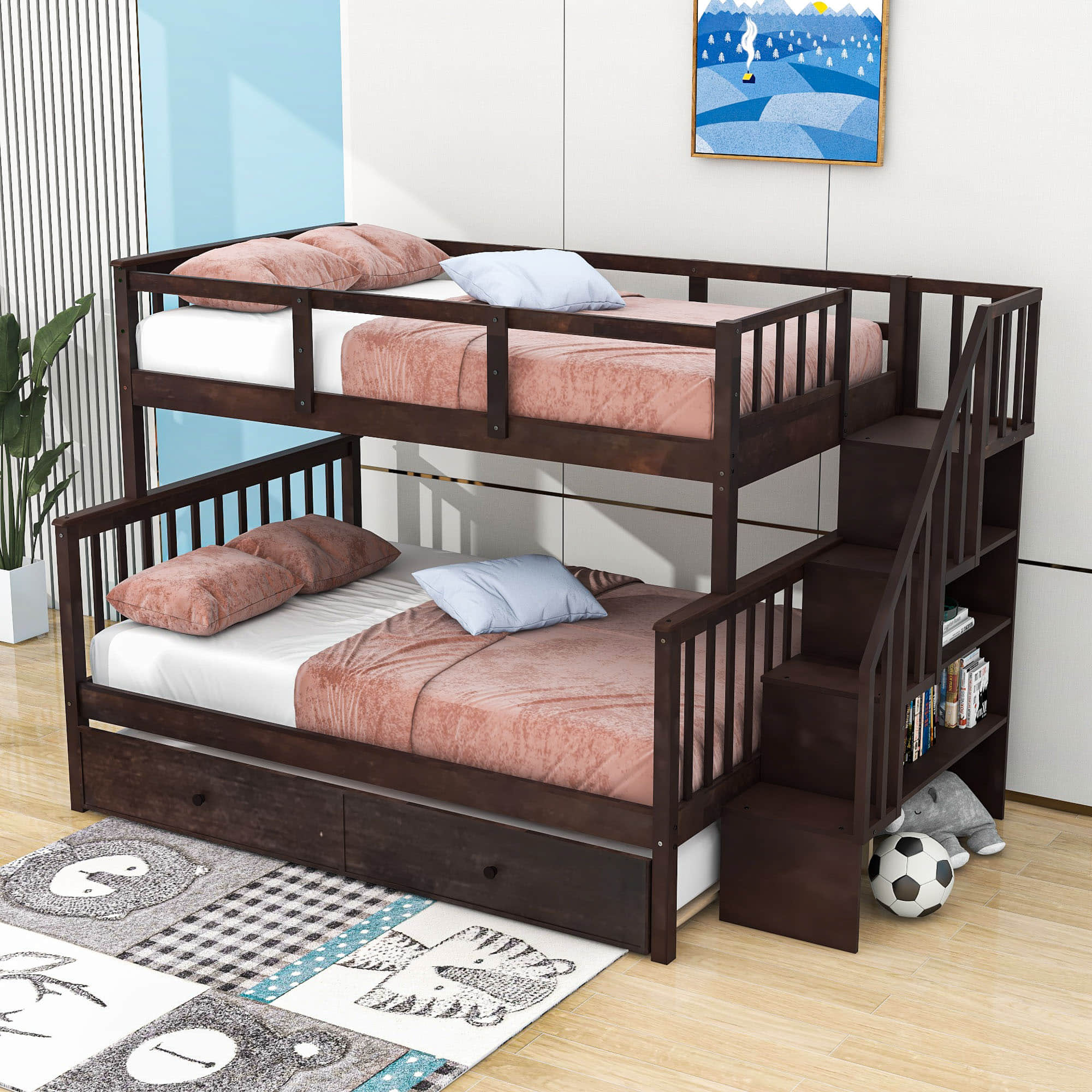 Twin Over Full Bunk Beds for Kids, Adults with Trundle and Storage