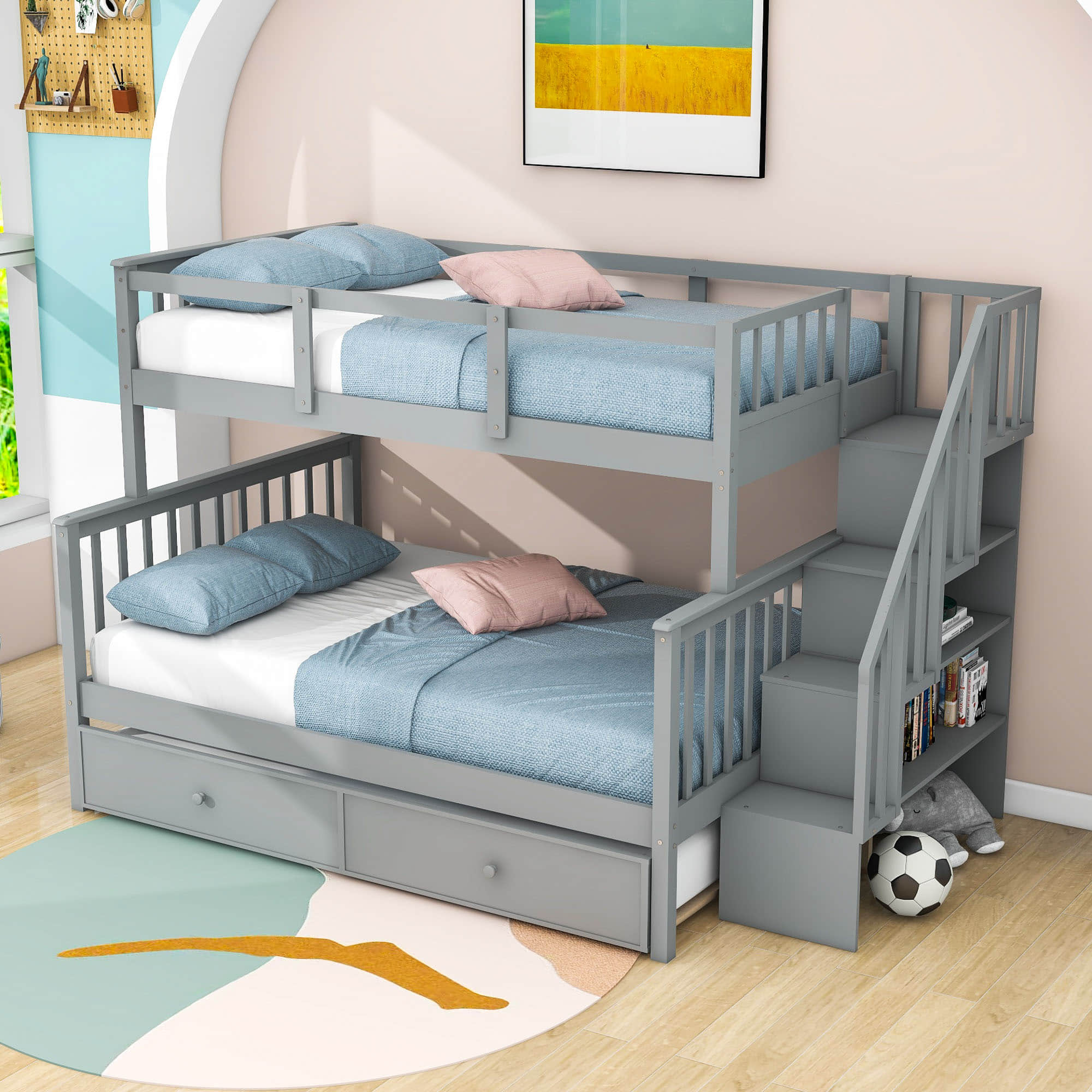 Twin Over Full Bunk Beds for Kids, Adults with Trundle and Storage