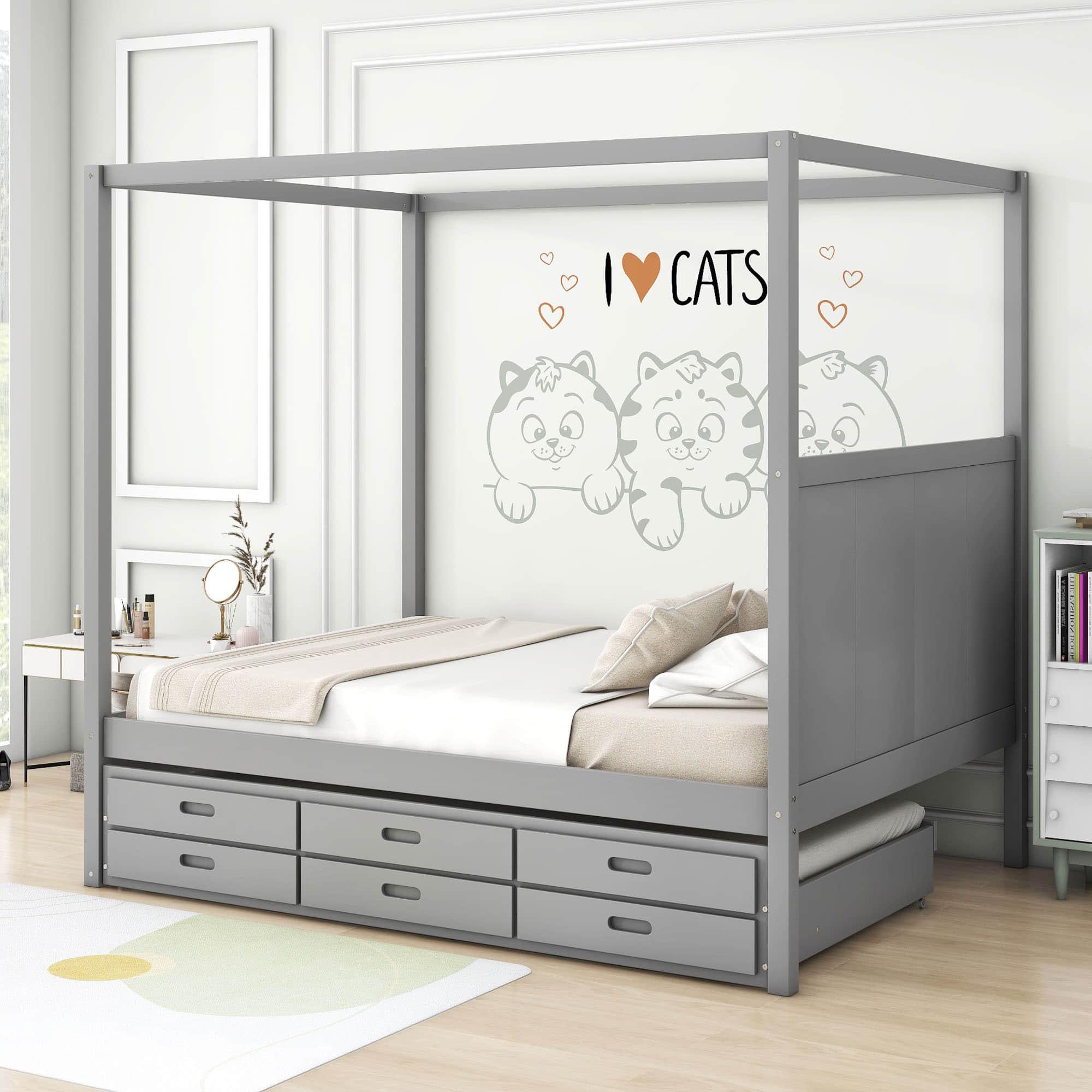 Queen Size Captain's Canopy Bed with Twin Trundle Bed and Storage - [Wooden, Drawers]