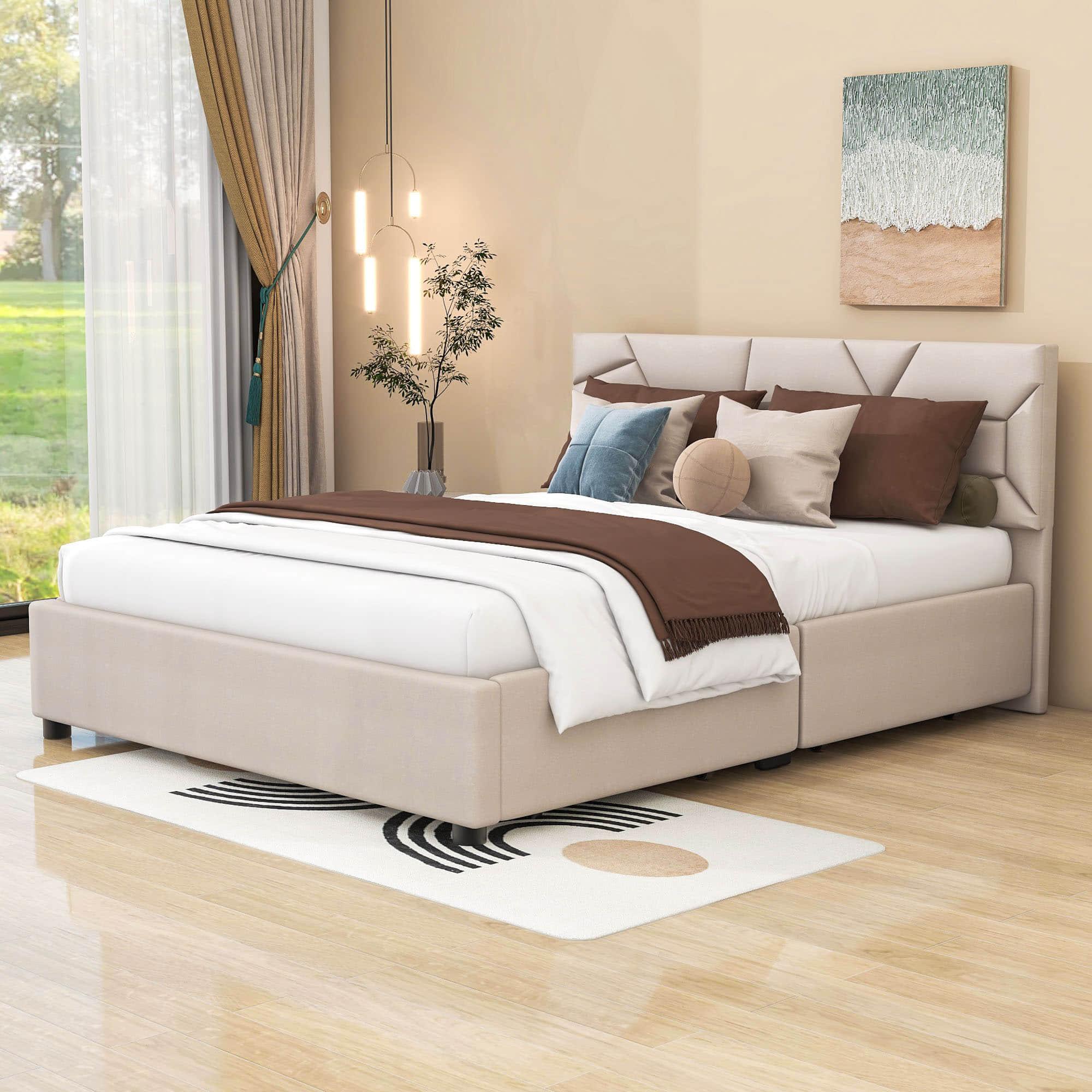 Queen Upholstered Platform Bed Frame with Headboard, Under Bed Storage