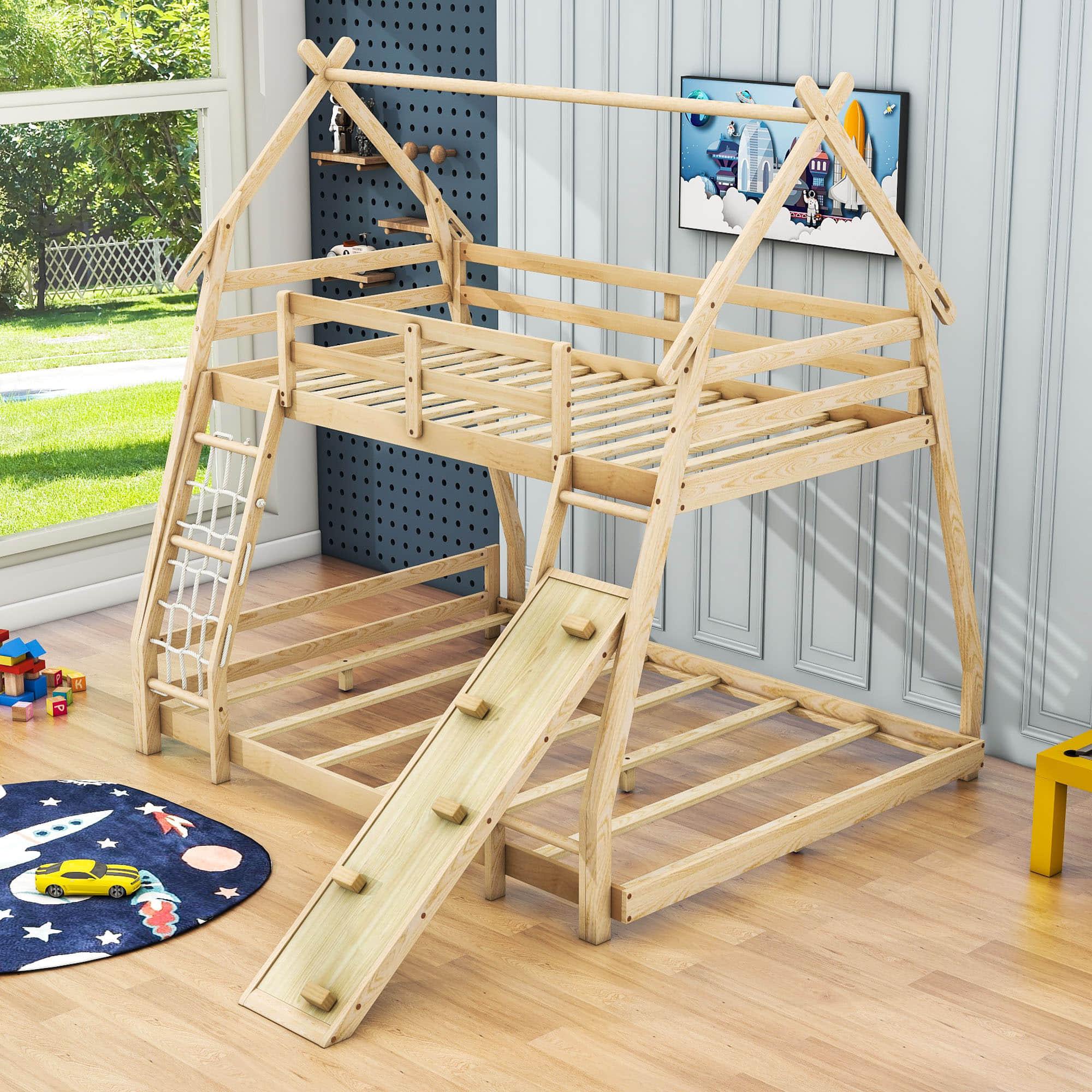 Low Twin Over Queen House Bunk Beds with Climbing Ramp & Nets - [Wooden]