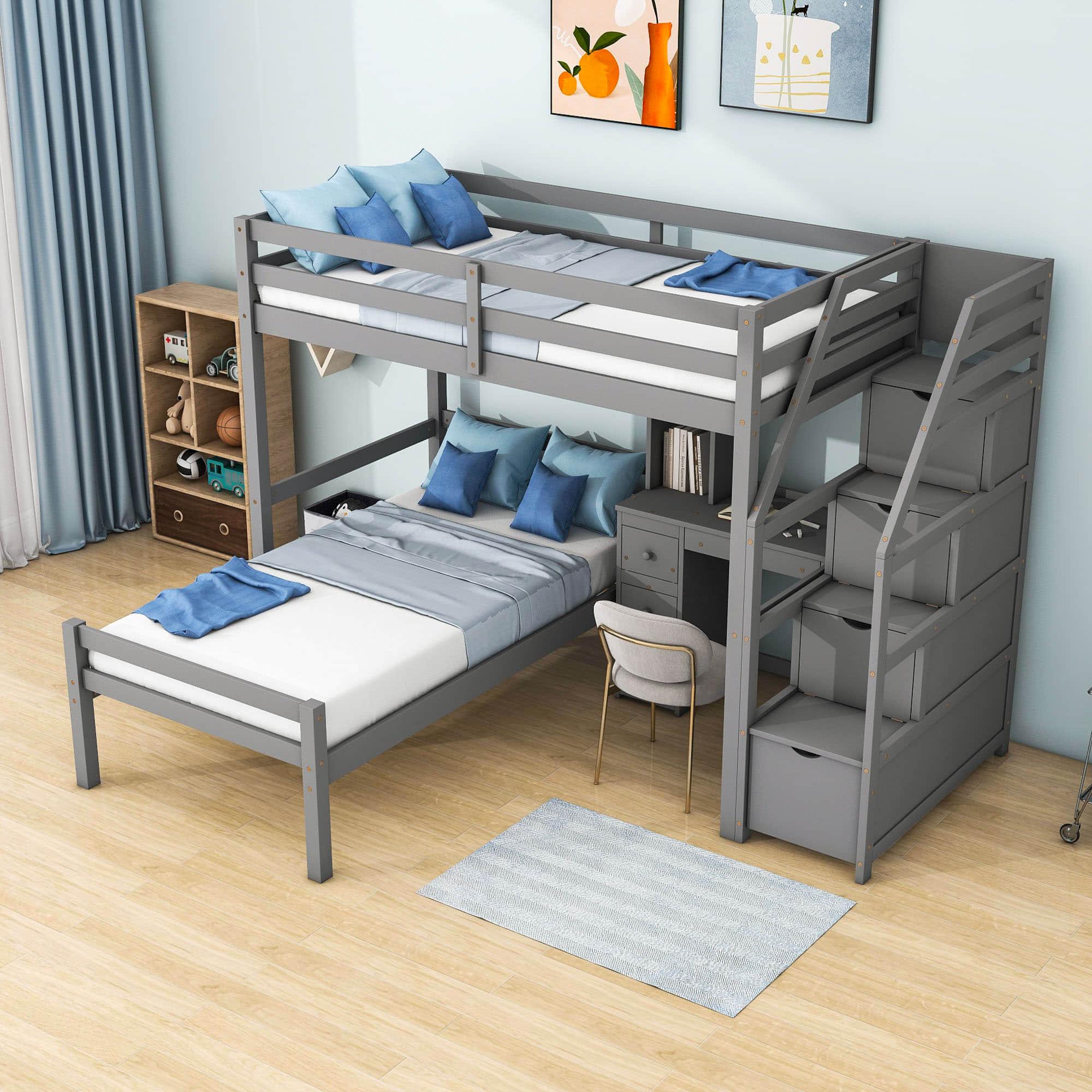 Twin Over Twin Bunk Beds with Desk and Storage Stairs - [Drawers, Shelves, L-Shaped]