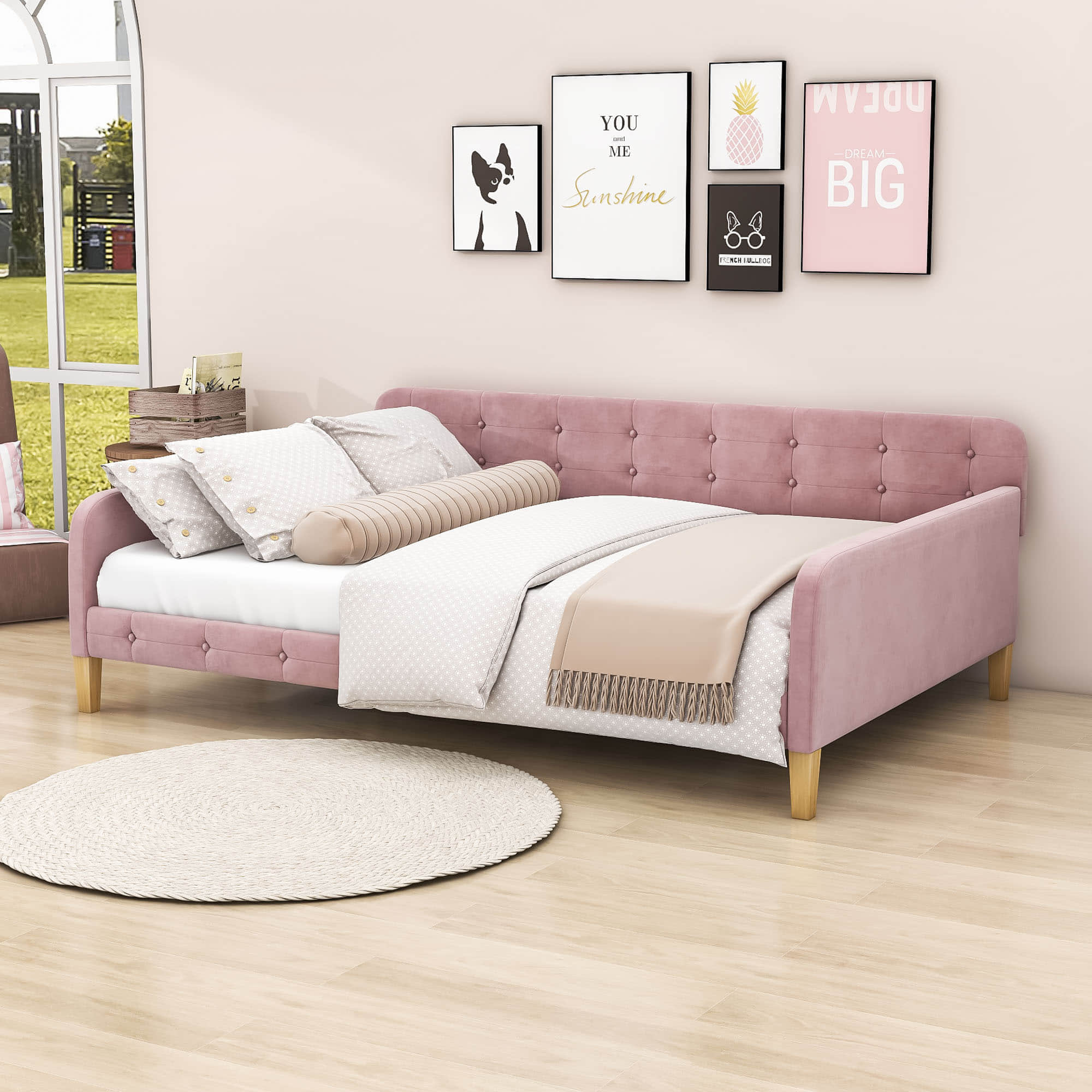 Modern Full Size Velvet Upholstered Daybed with Slats