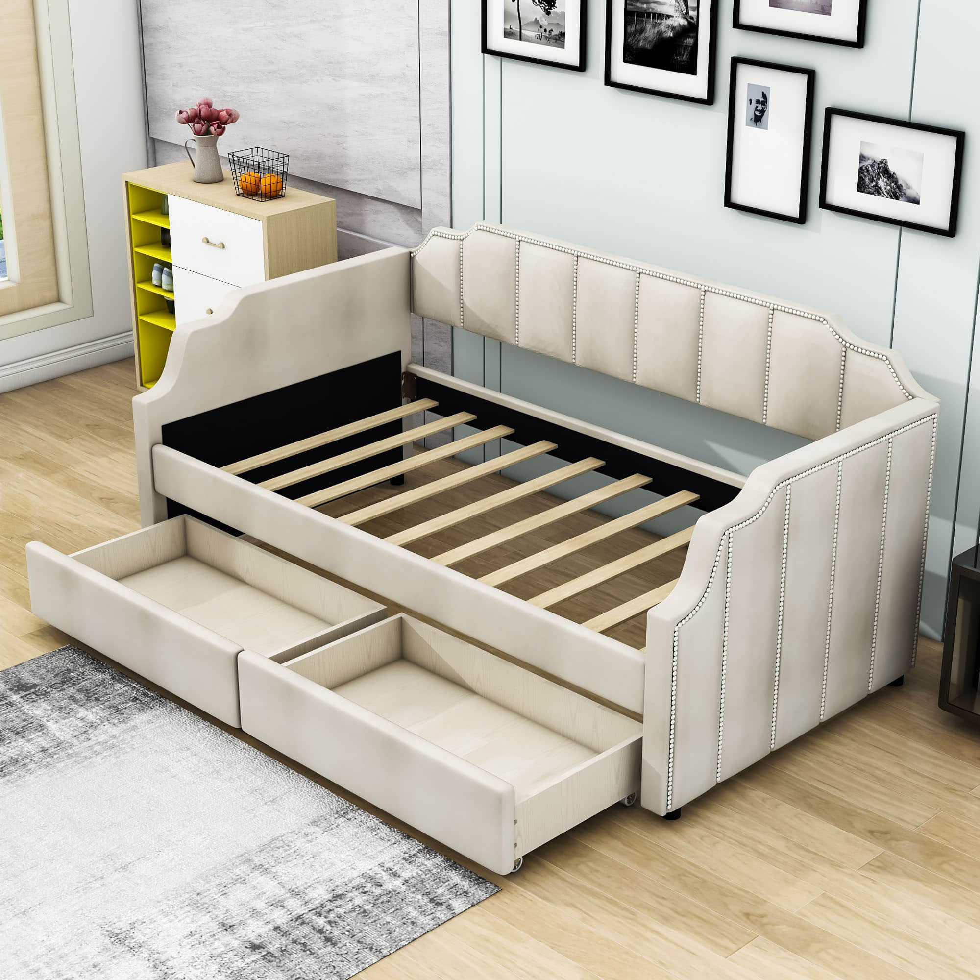 Modern Twin Size Upholstered Daybed with Storage Drawers