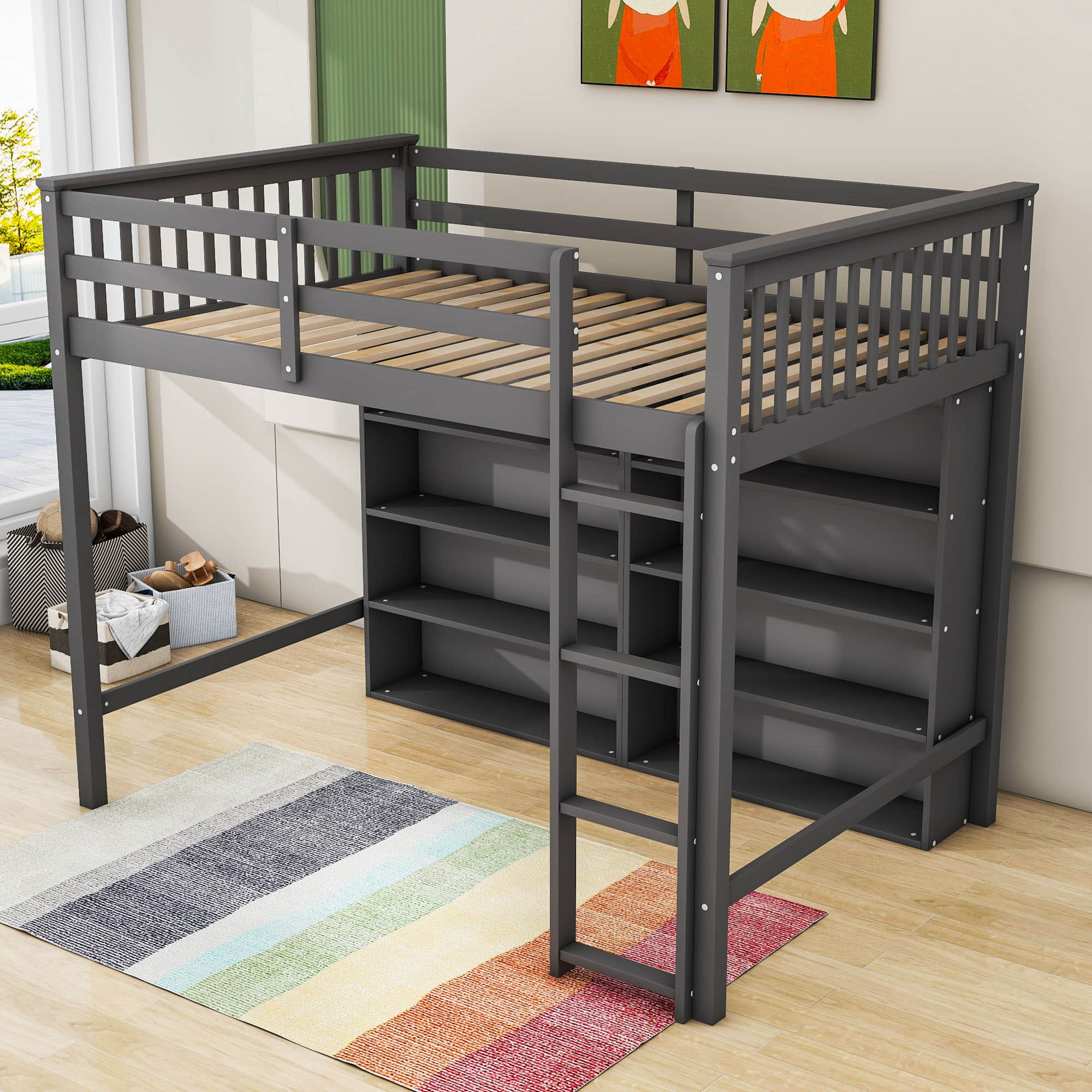 Full Size Loft Bed with Large Open Storage Shelves for Adults, Kids