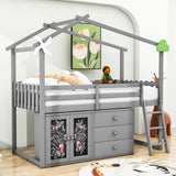 Twin Size Low House Loft Bed with Storage for Kids - [Cabinet, Drawers]