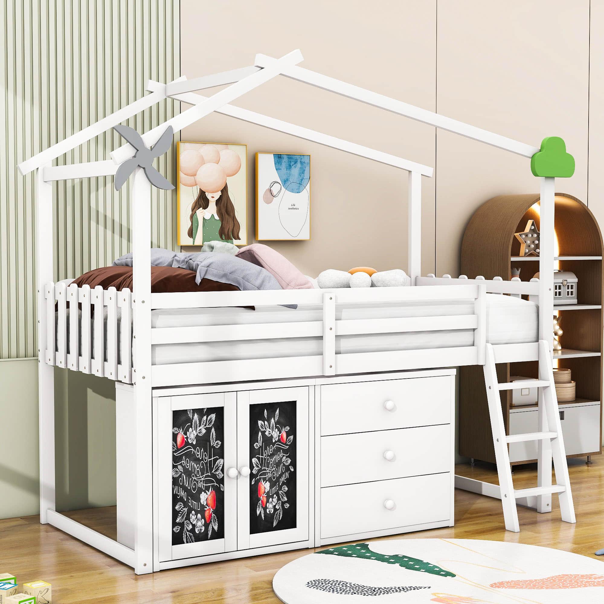 Twin Size Low House Loft Bed with Storage for Kids - [Cabinet, Drawers]