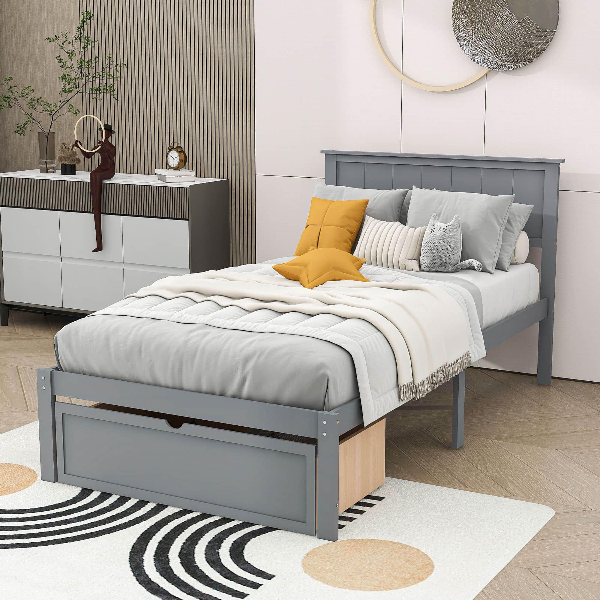 Wooden Twin Size Platform Bed Frame with Under bed Storage - [Drawer]