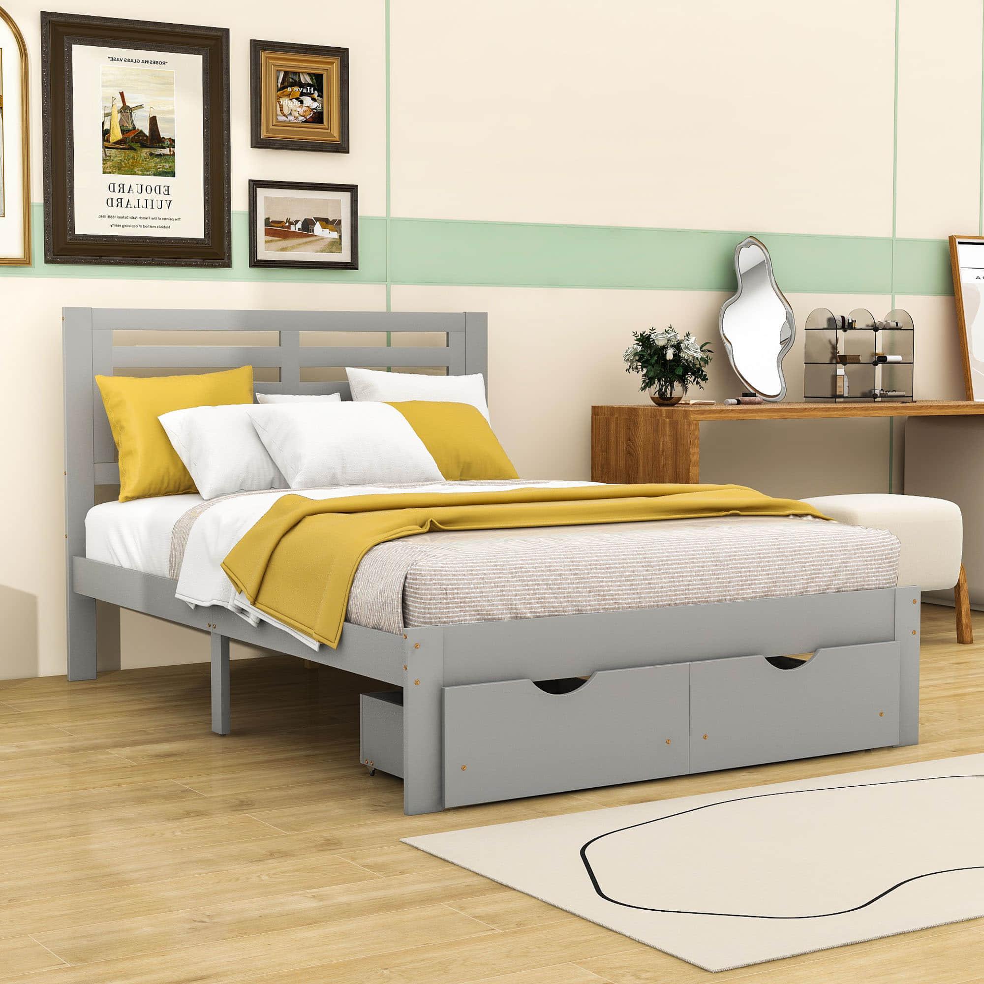 Wood Full Size Platform Bed Frame with Headboard and Storage