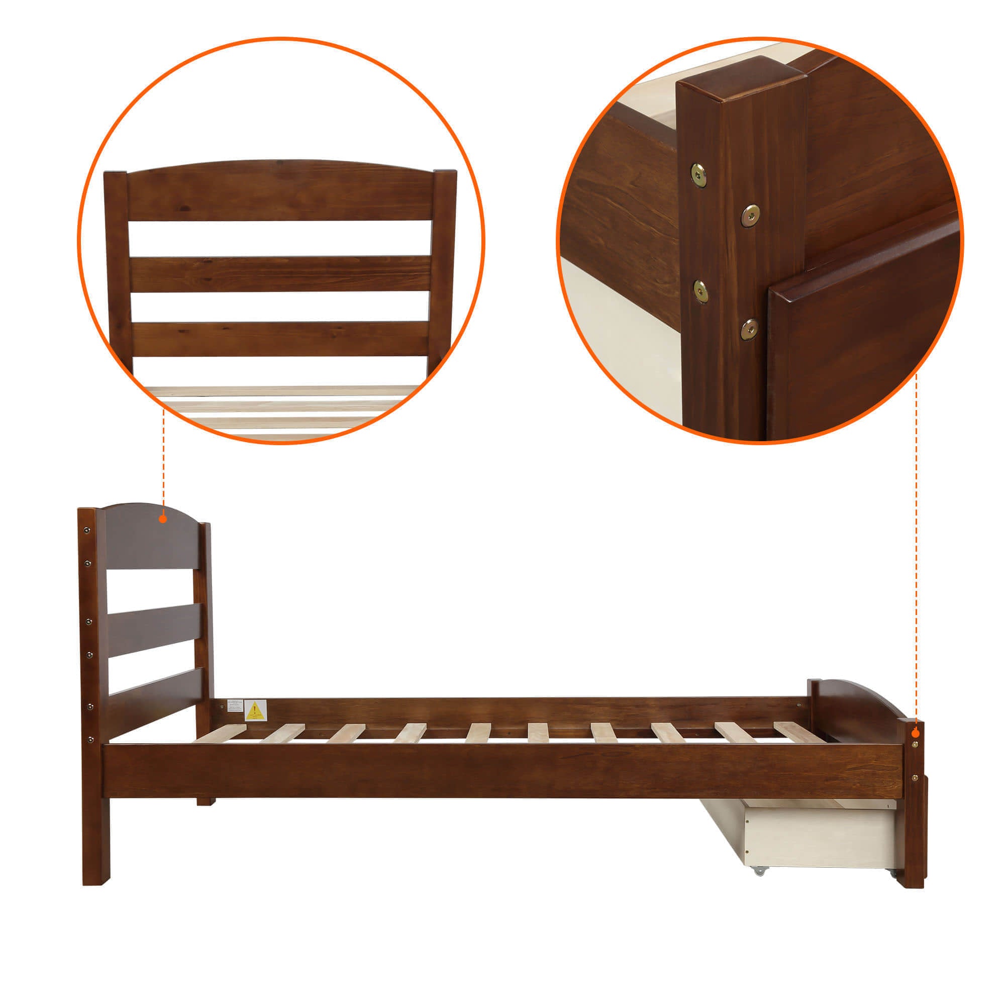 Wood Twin Bed Frame with Headboard and Storage Kids Bedroom Furniture