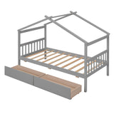 Kids Low Wooden House Bed with Storage and Headboard - [Drawers, Footboard]