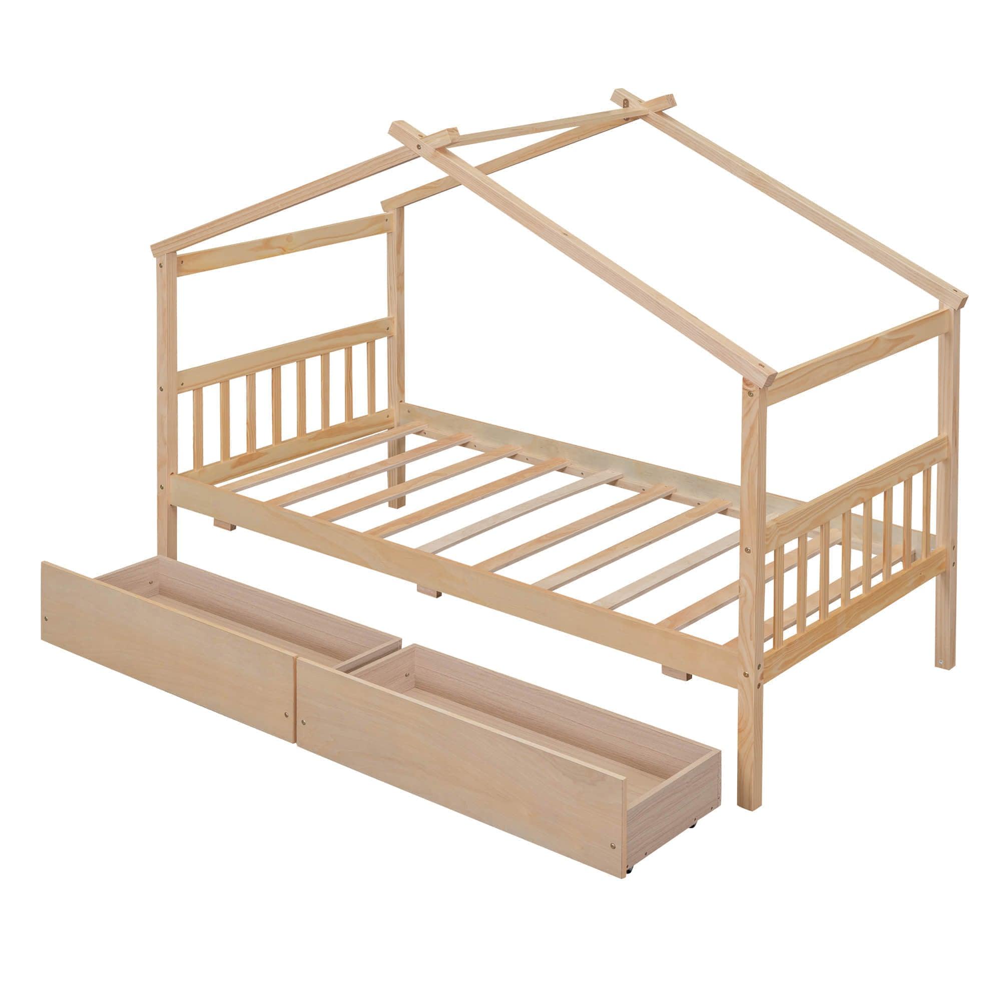 Kids Low Wooden House Bed with Storage and Headboard - [Drawers, Footboard]