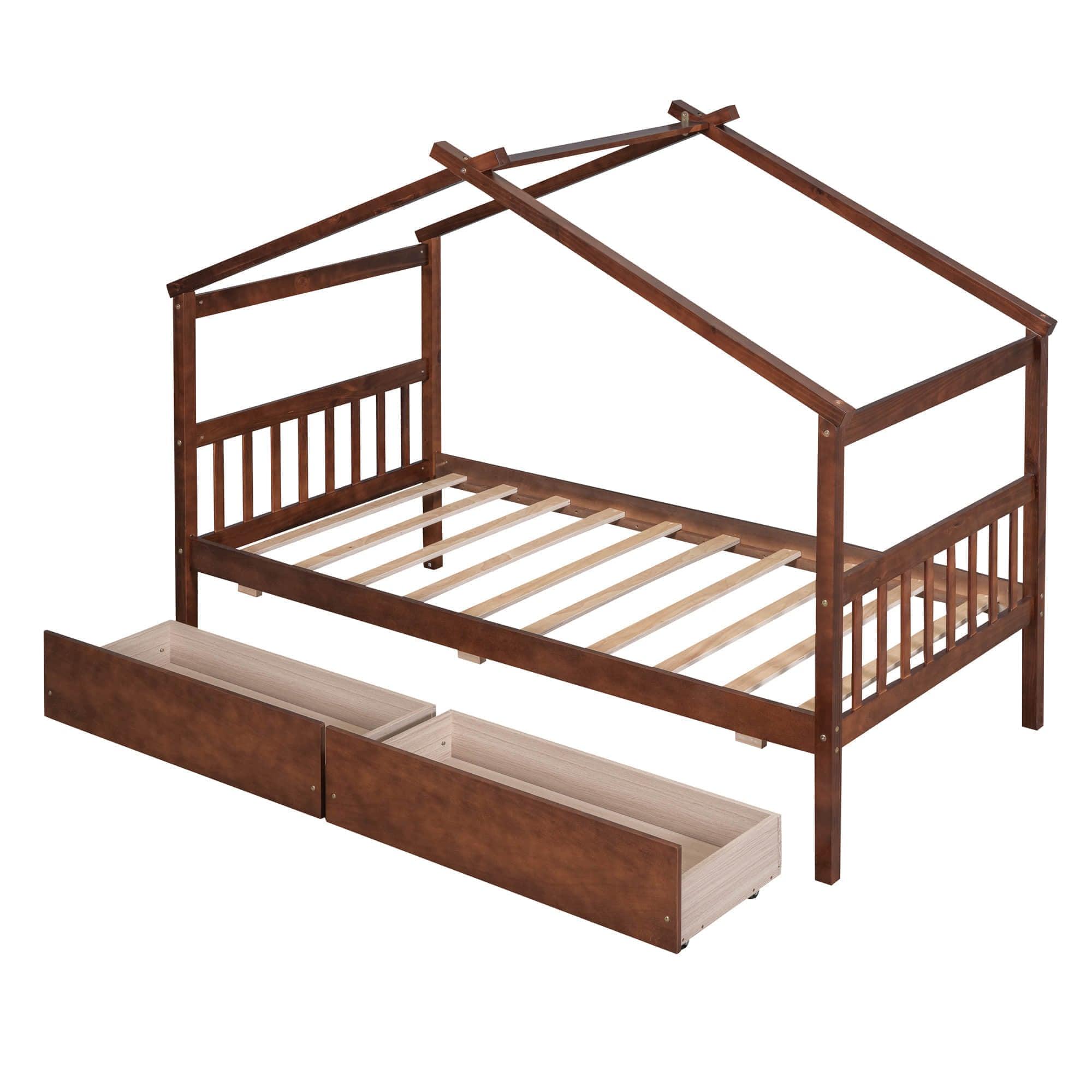 Kids Low Wooden House Bed with Storage and Headboard - [Drawers, Footboard]