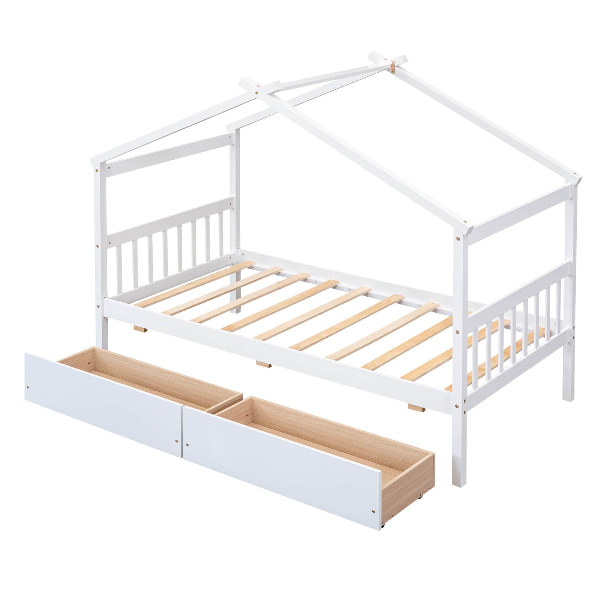 Kids Low Wooden House Bed with Storage and Headboard - [Drawers, Footboard]