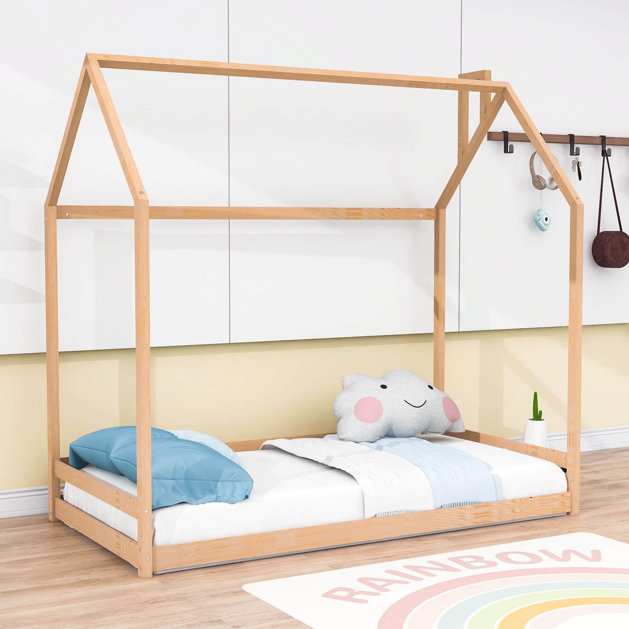 Solid Wood Twin House Toddler Floor Bed