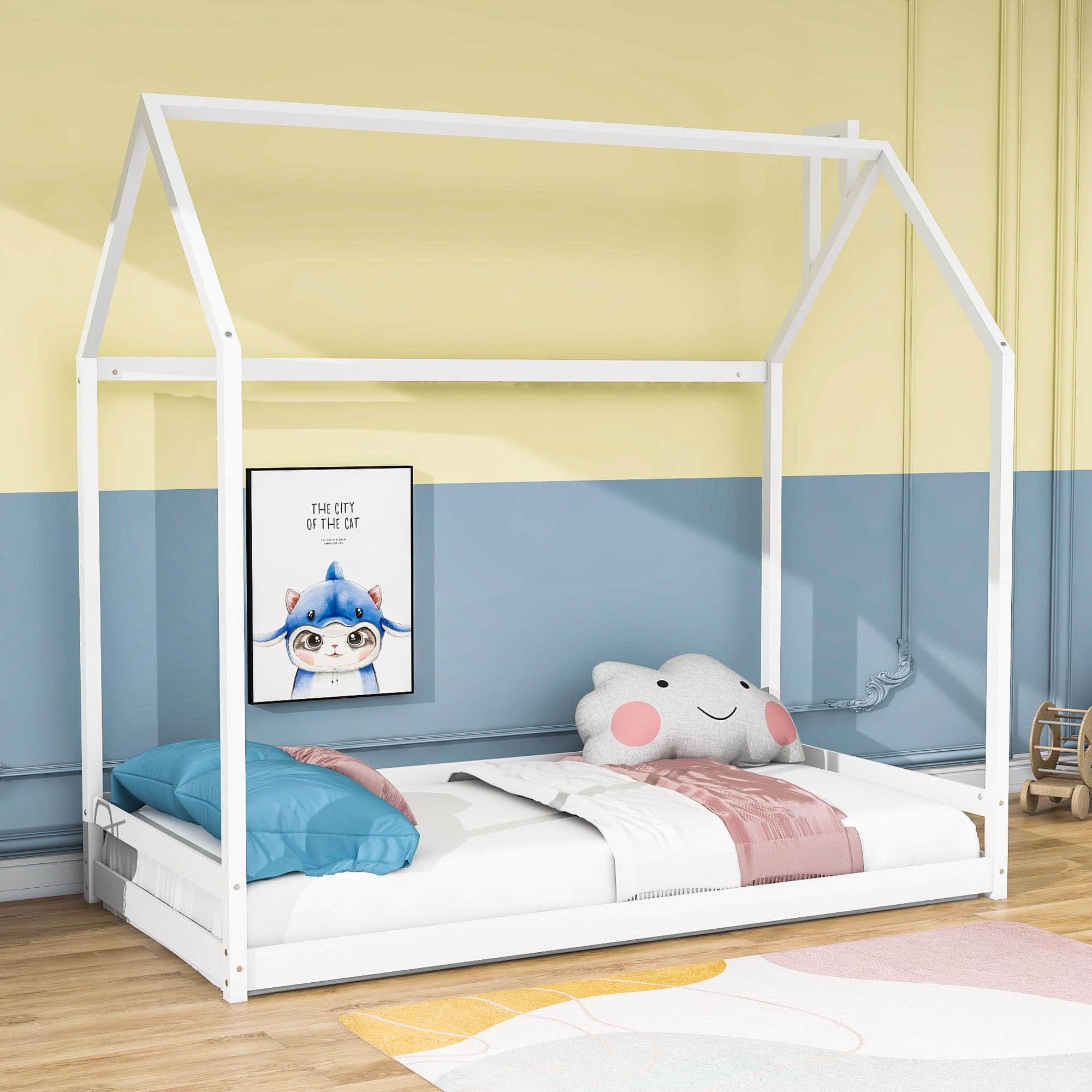 Solid Wood Twin House Toddler Floor Bed