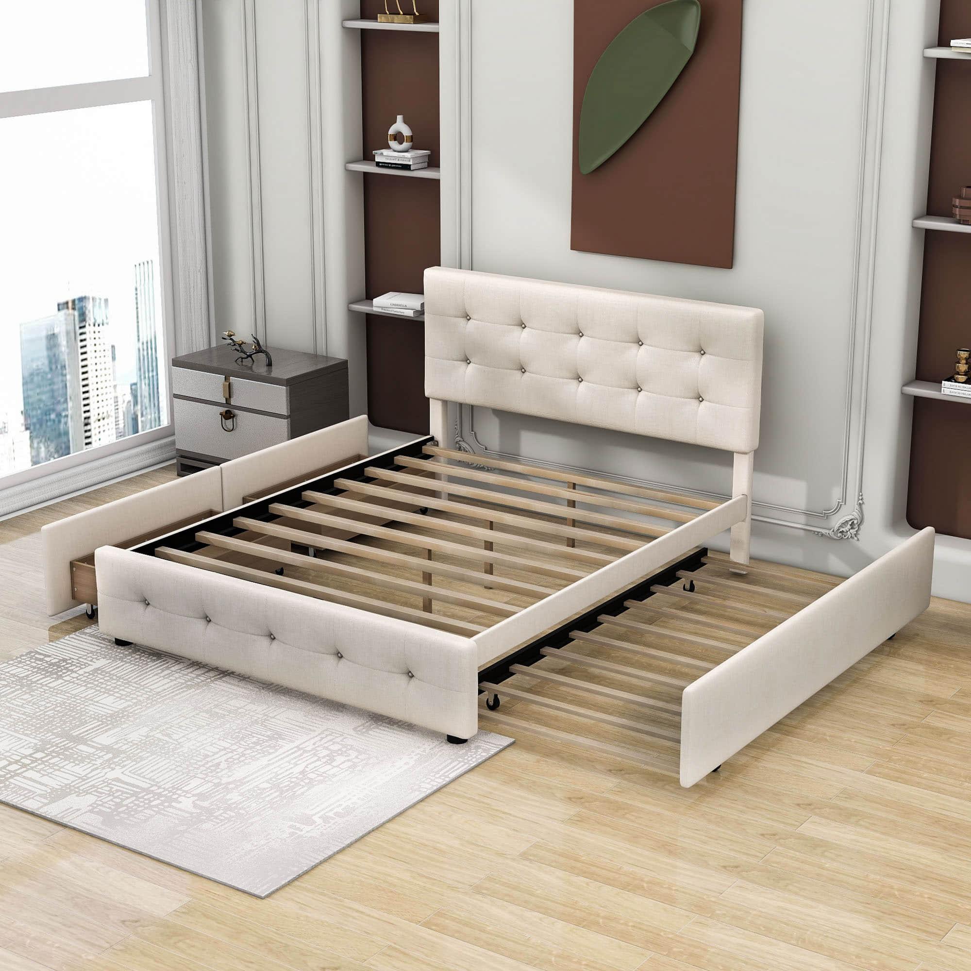 Upholstered Queen Size Platform Bed with Storage and Twin XL Trundle - [Headboard]