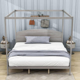 Rustic Wood King Size Canopy Bed Frame with Headboard for Adults