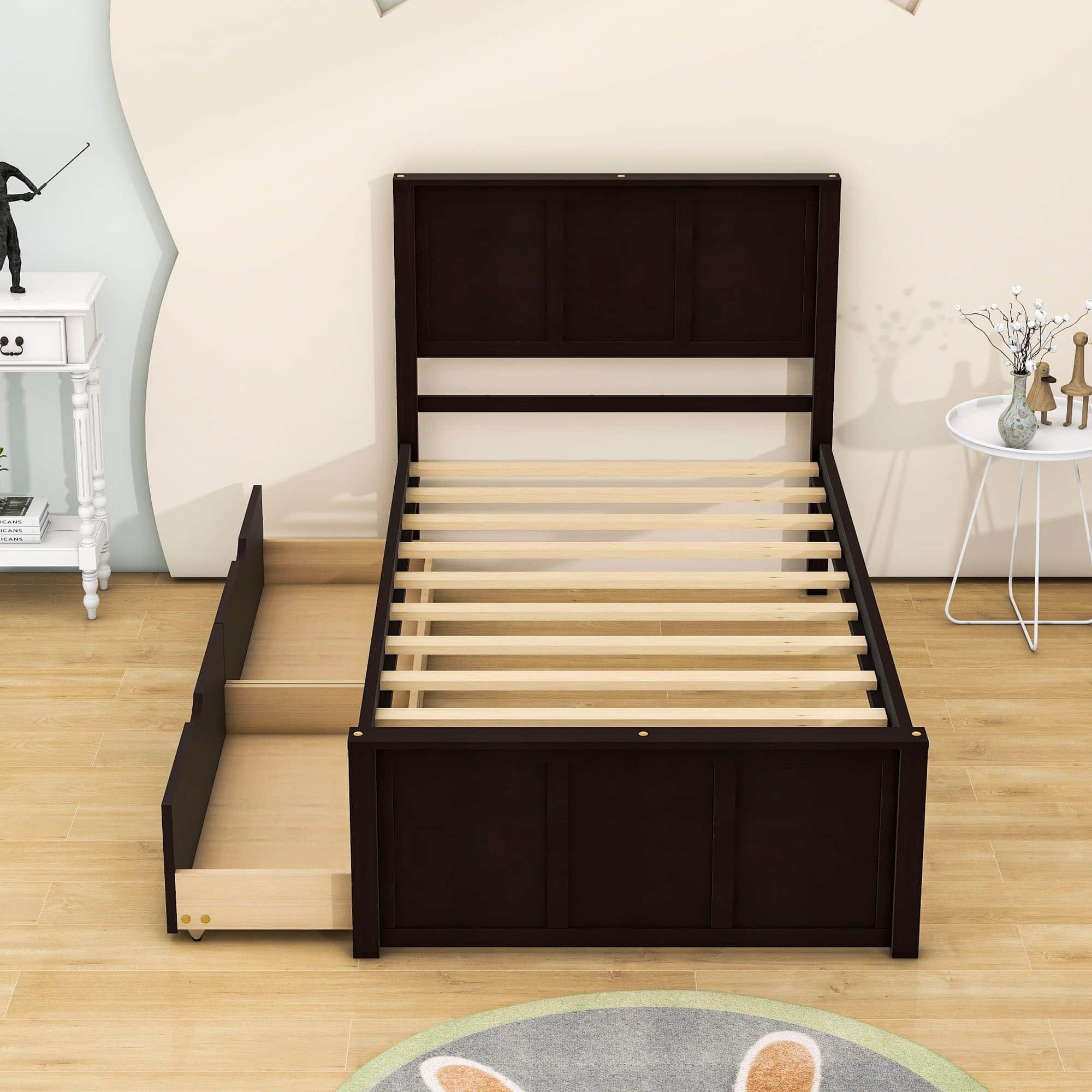 Twin Size Classic Platform Bed with Storage Drawers and Headboard