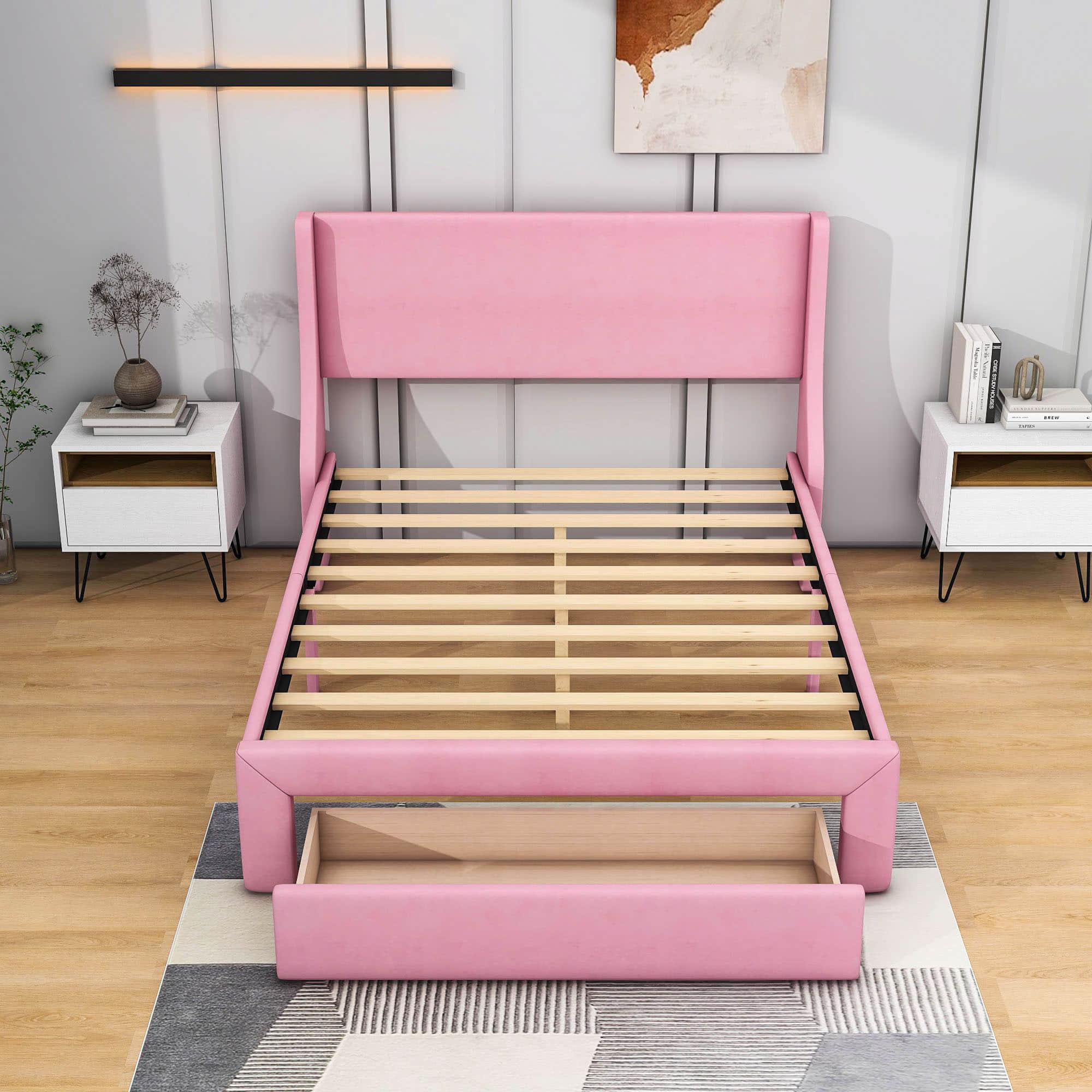 Velvet Upholstered Full Size Platform Bed with Headboard and Storage - [Drawer]