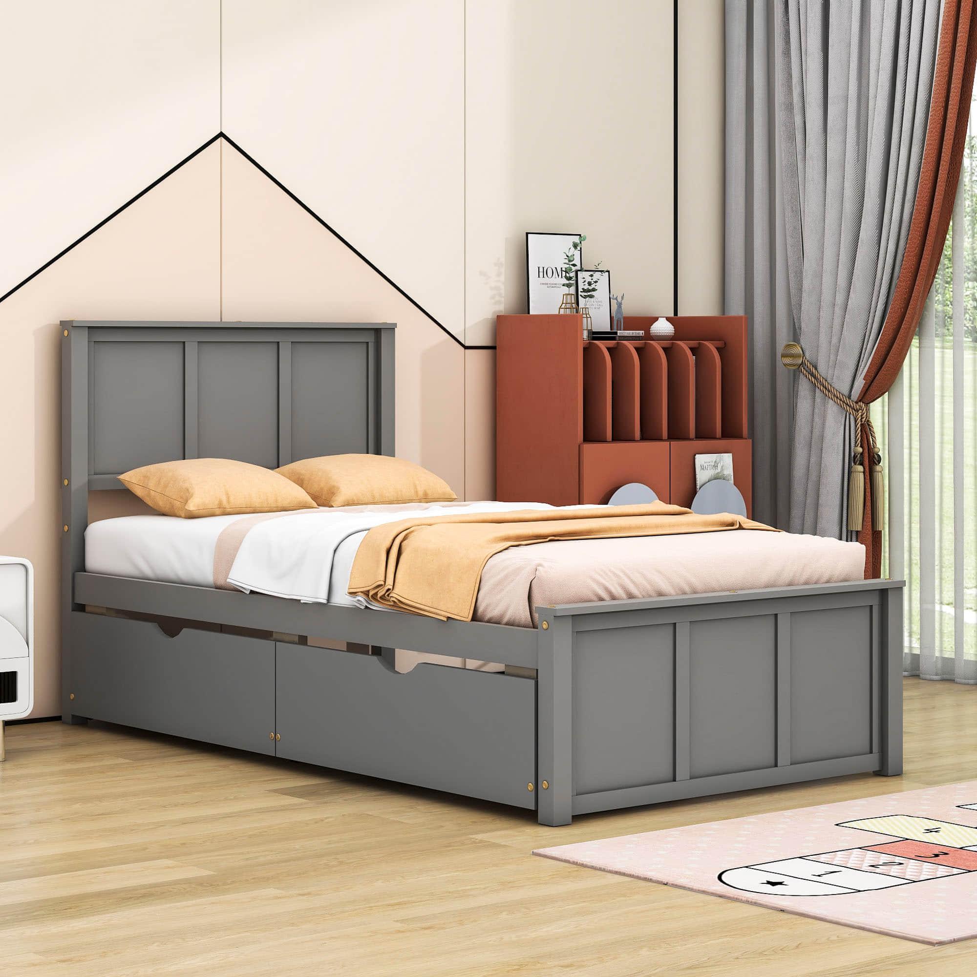 Twin Size Classic Platform Bed with Storage Drawers and Headboard