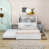 Full Platform Bed Frame with Twin Trundle Bed and Storage Headboard