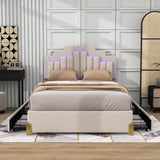 Upholstered Platform Full Size Bed Frame with Headboard and LED Lights