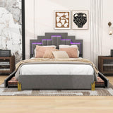 Upholstered Platform Queen Bed Frame with Headboard and LED Lights