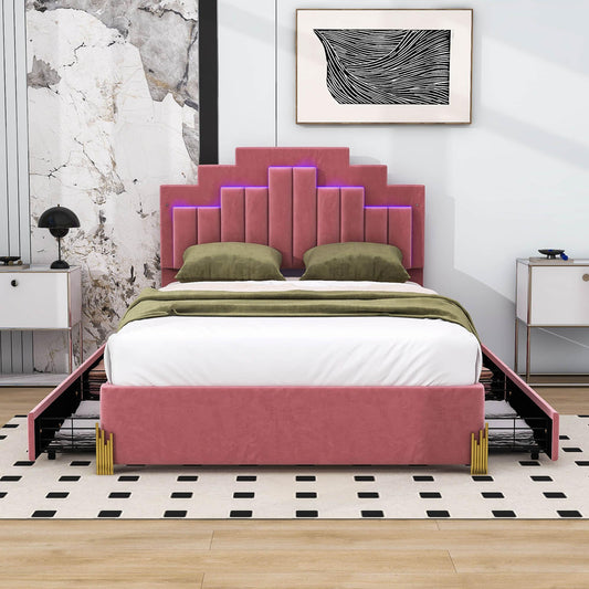 Upholstered Platform Full Size Bed Frame with Headboard and LED Lights