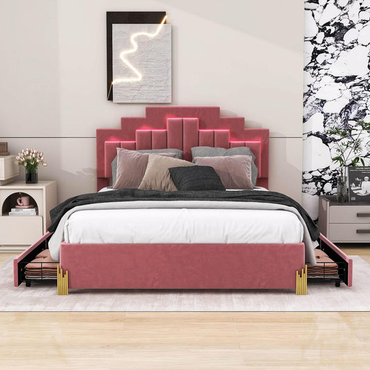 Upholstered Platform Queen Bed Frame with Headboard and LED Lights