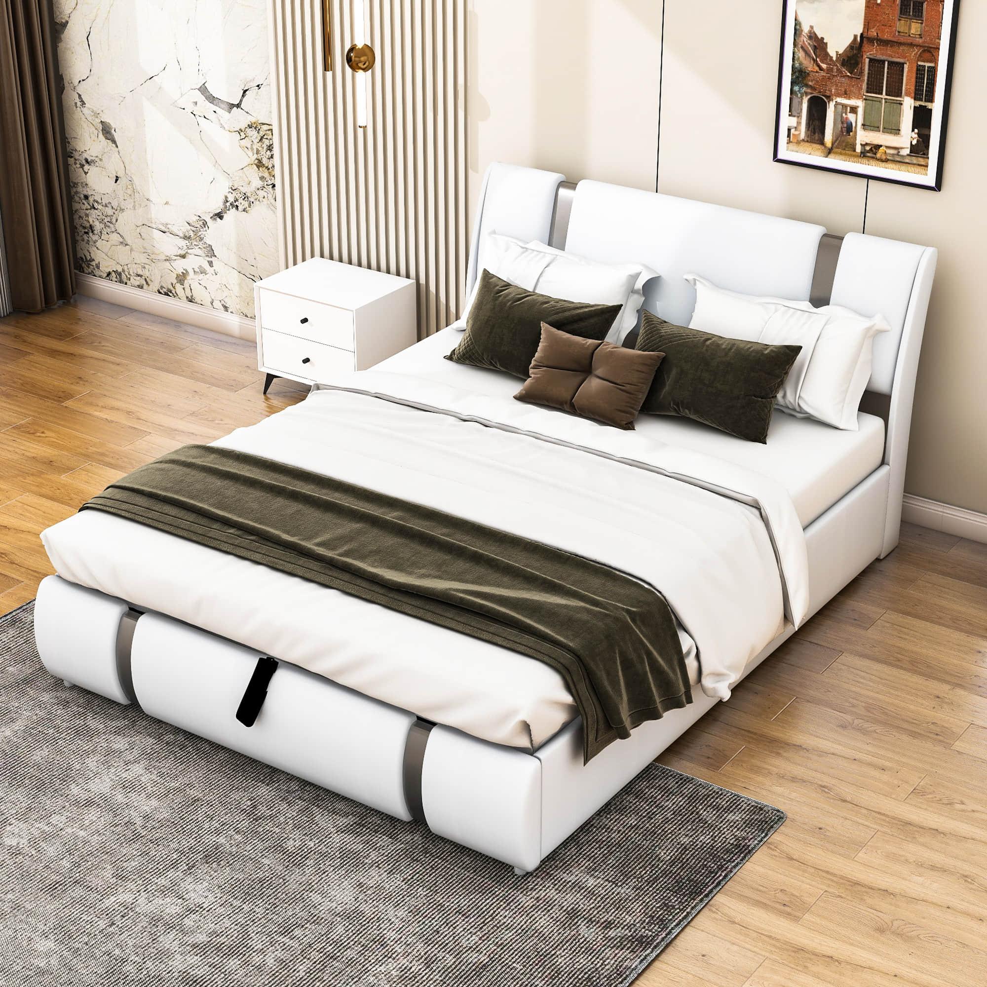 PU Leather Queen Size Upholstered Platform Bed Frame - [Hydraulic Storage System]