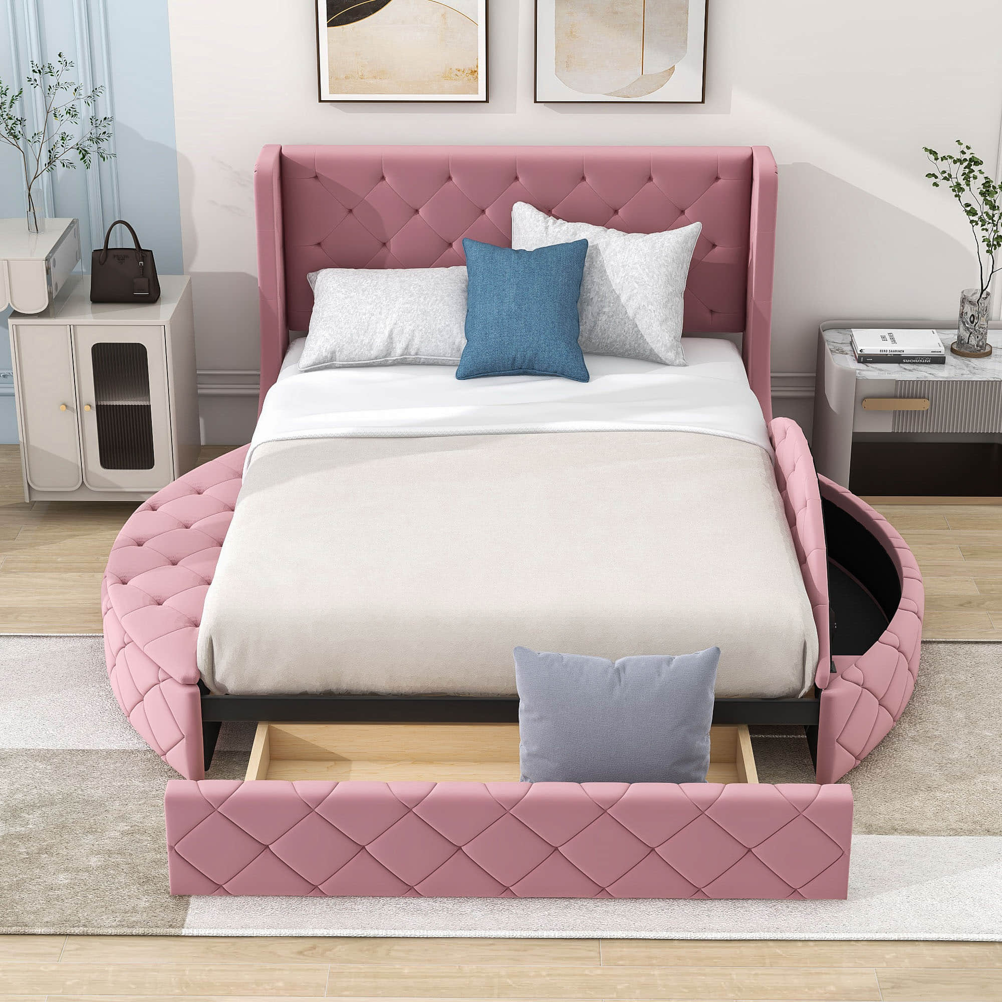 Upholstered Queen Platform Bed Frame with Wingback Headboard and Storage