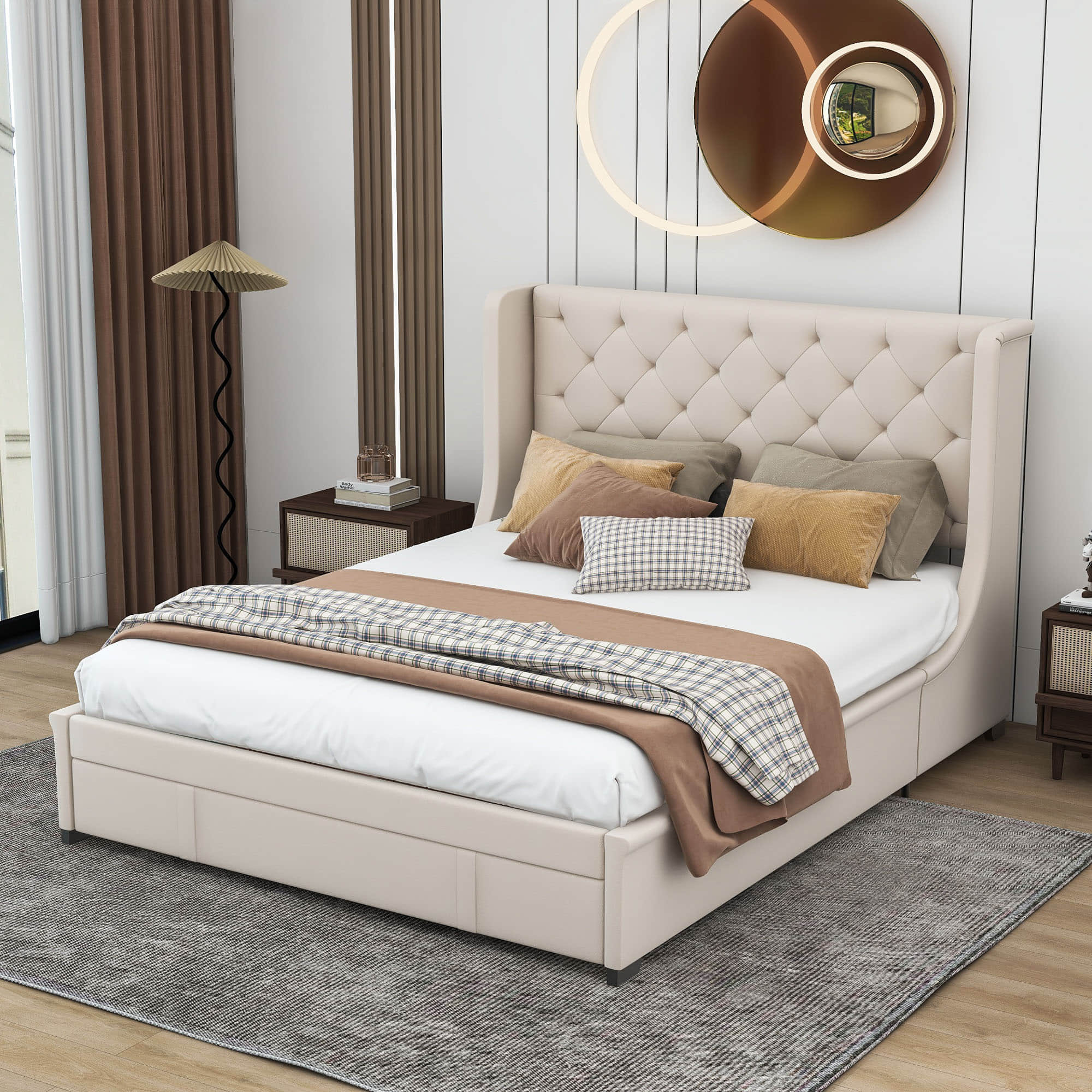 Queen Upholstered Bed Frame with Wingback Headboard and Storage