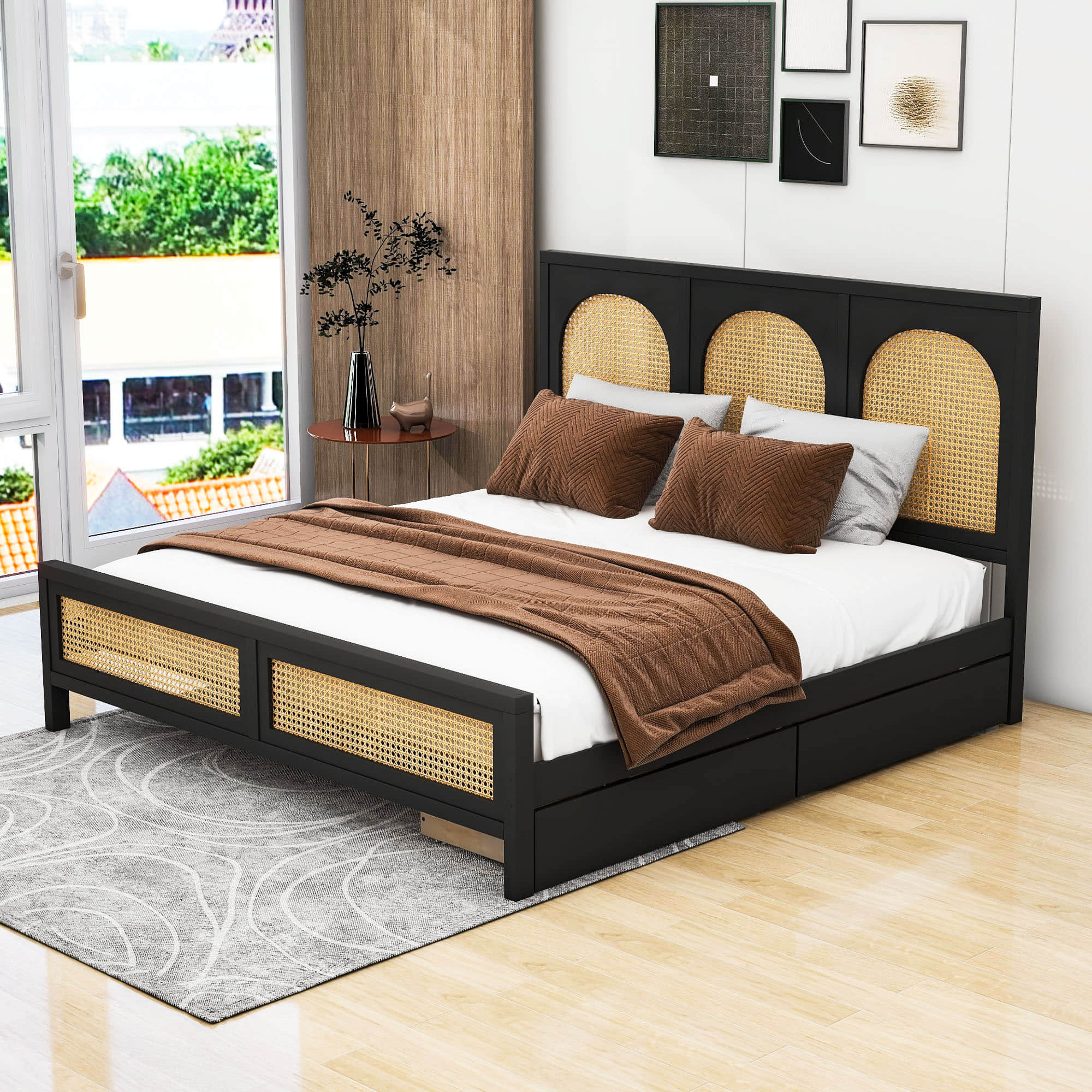 Queen Size Wood Platform Bed with Storage and Rattan Headboard