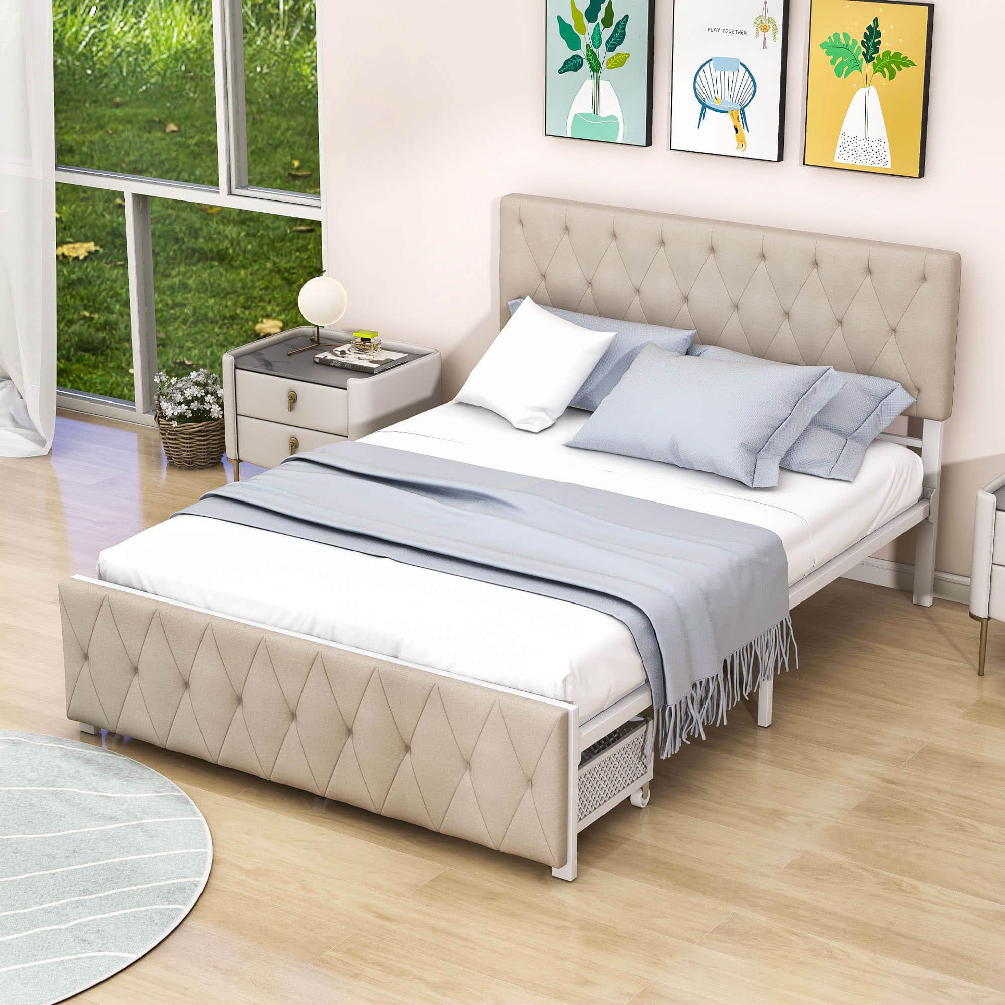 Metal Full Size Upholstered Storage Bed with Headboard and Drawers