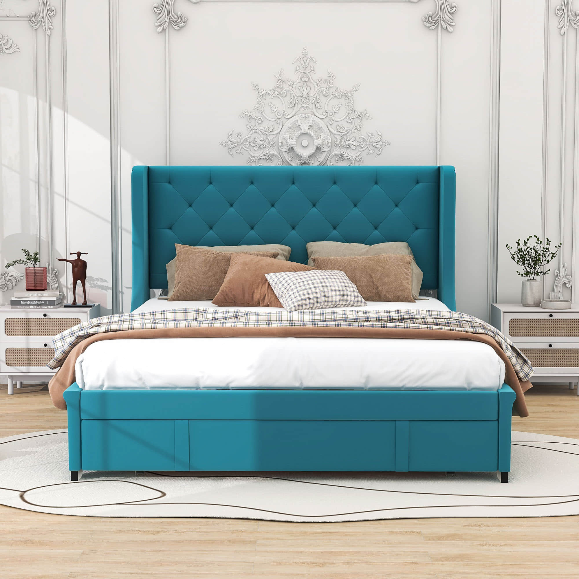 Queen Upholstered Bed Frame with Wingback Headboard and Storage