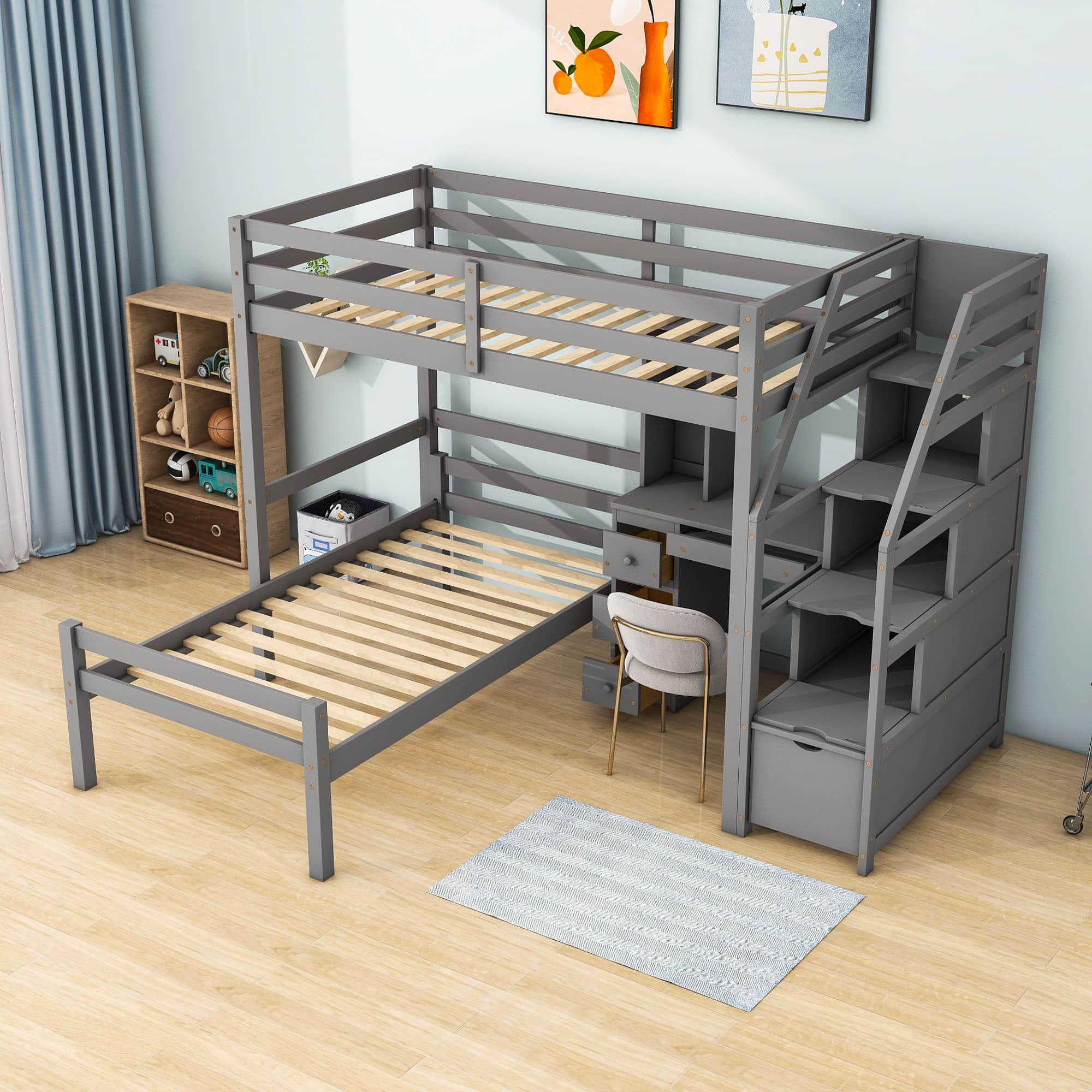 Twin Over Twin Bunk Beds with Desk and Storage Stairs - [Drawers, Shelves, L-Shaped]